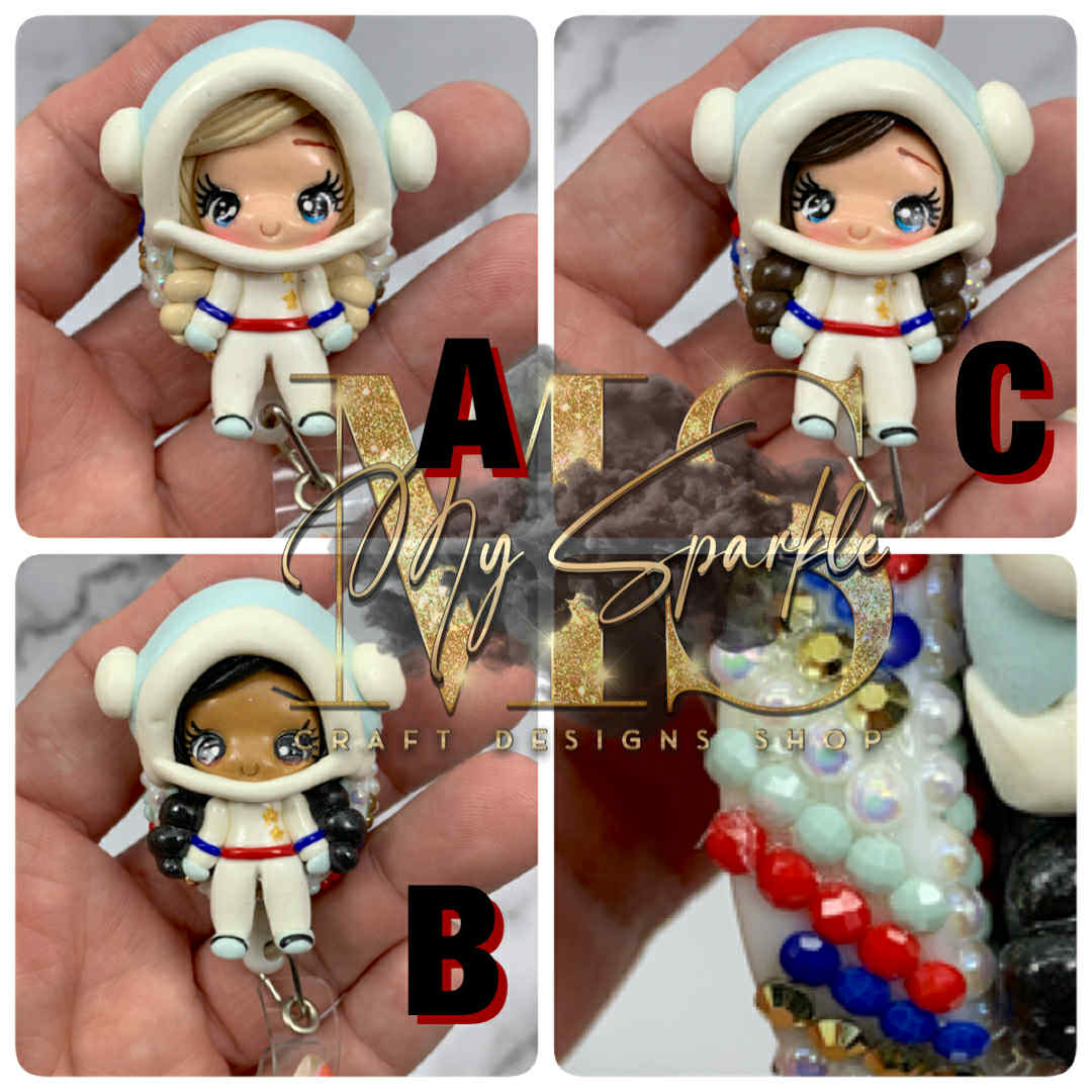 Astronaut Girl Clay Badge Reel