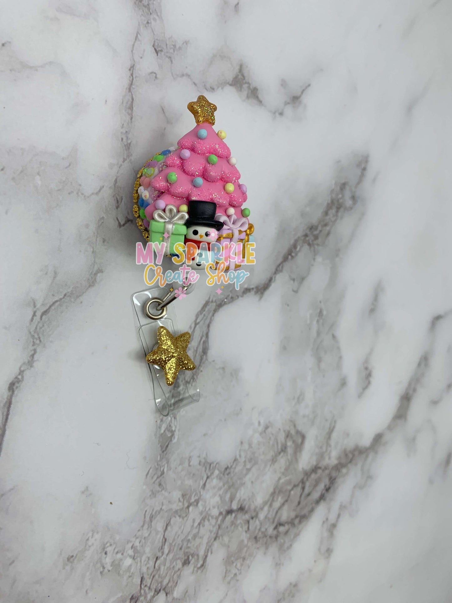 Pink Christmas Tree Clay Badge Reel