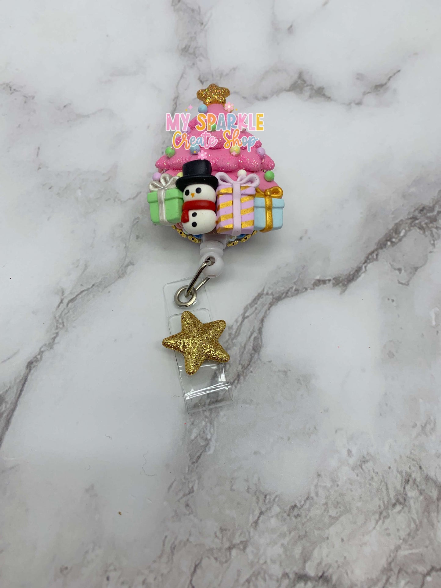 Pink Christmas Tree Clay Badge Reel