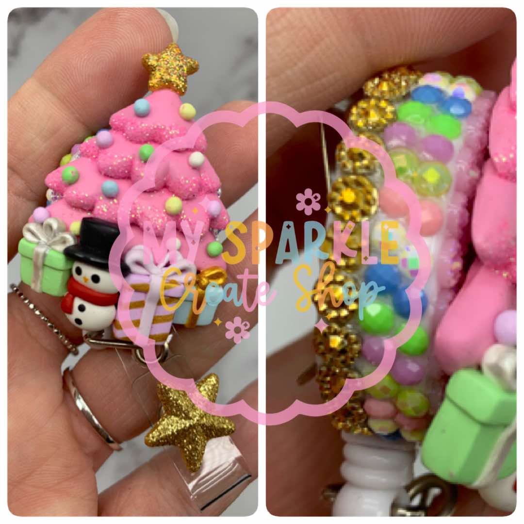Pink Christmas Tree Clay Badge Reel