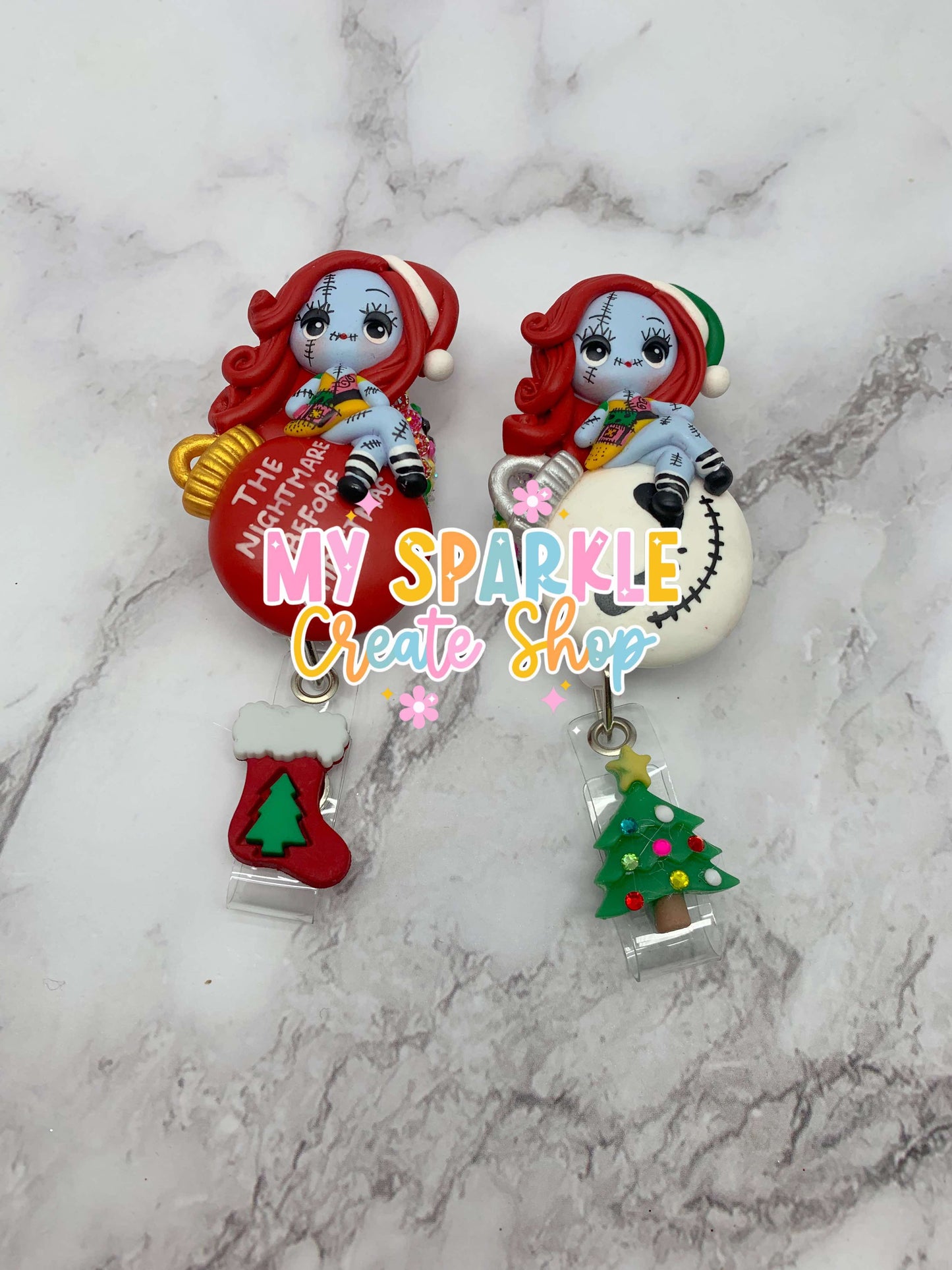 Christmas Sally Skeleton Nightmare Clay Badge Reel