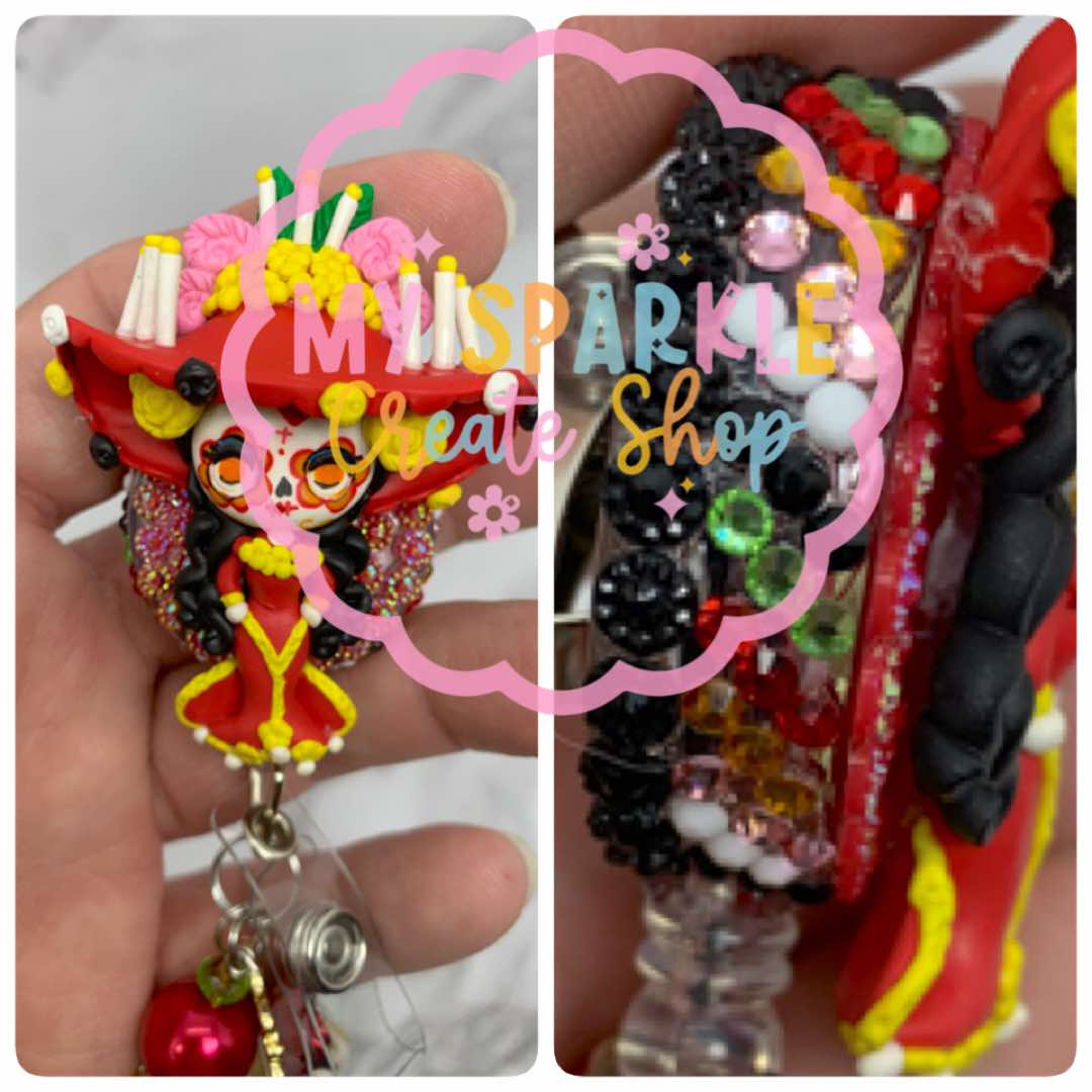 Sugar Skull Dia De Los Muertos Clay Badge Reel