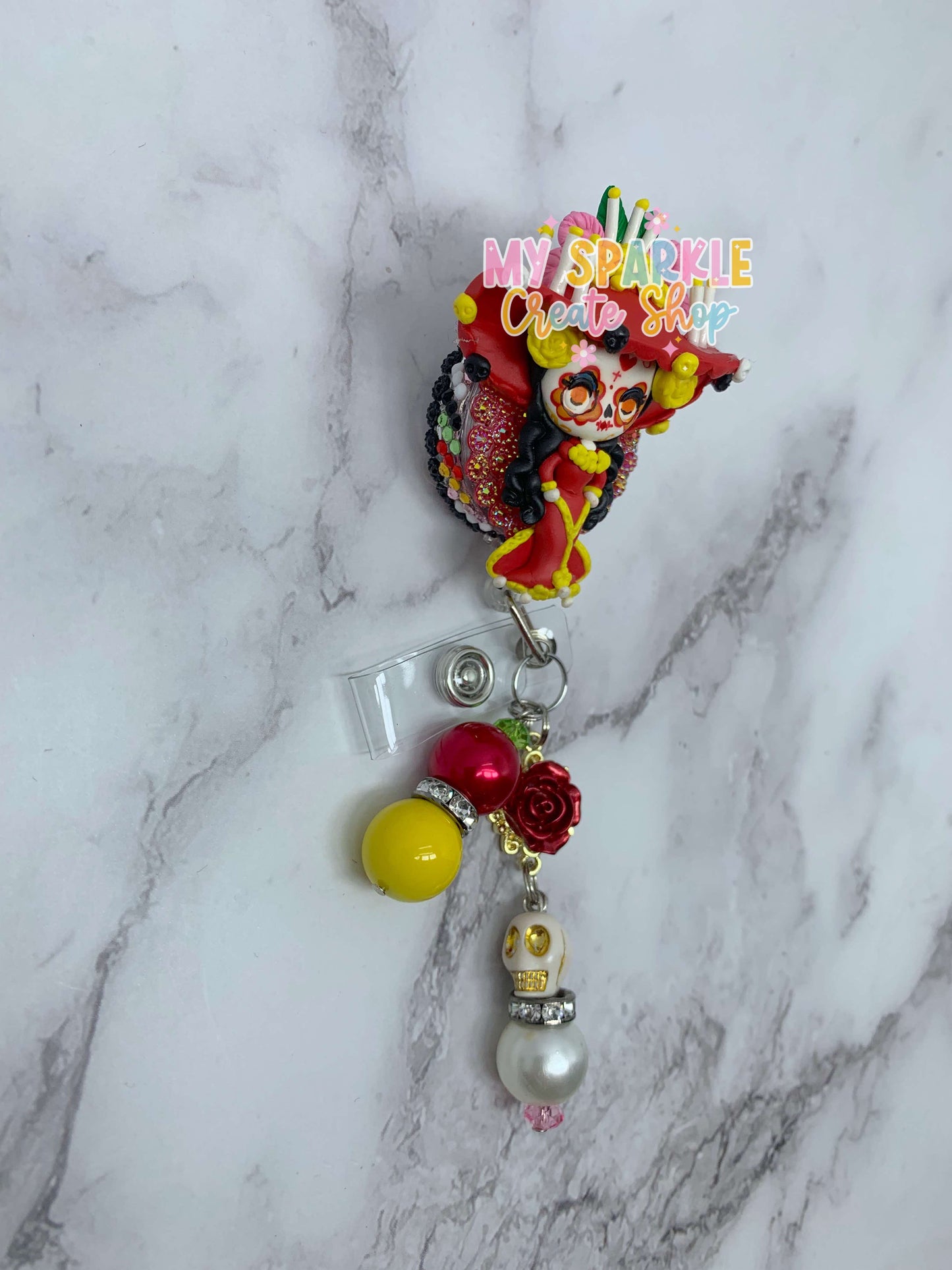 Sugar Skull Dia De Los Muertos Clay Badge Reel