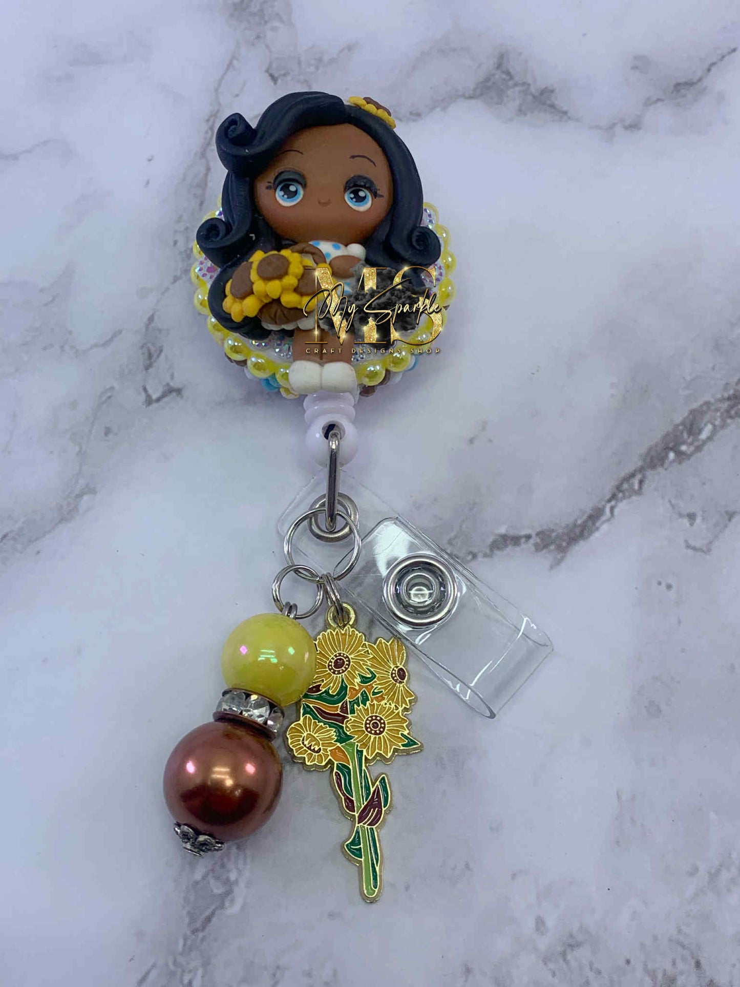 Daisy Girl Flower Clay Badge Reel