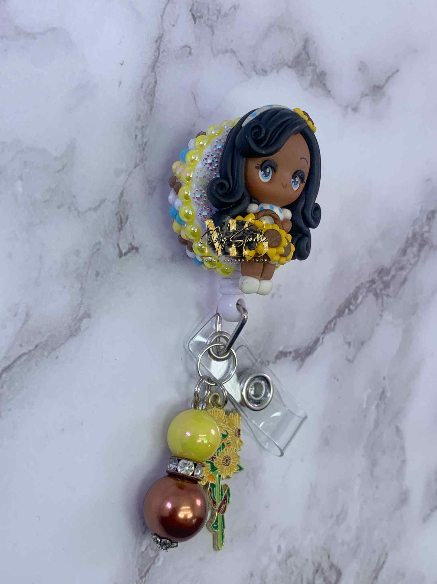 Daisy Girl Flower Clay Badge Reel