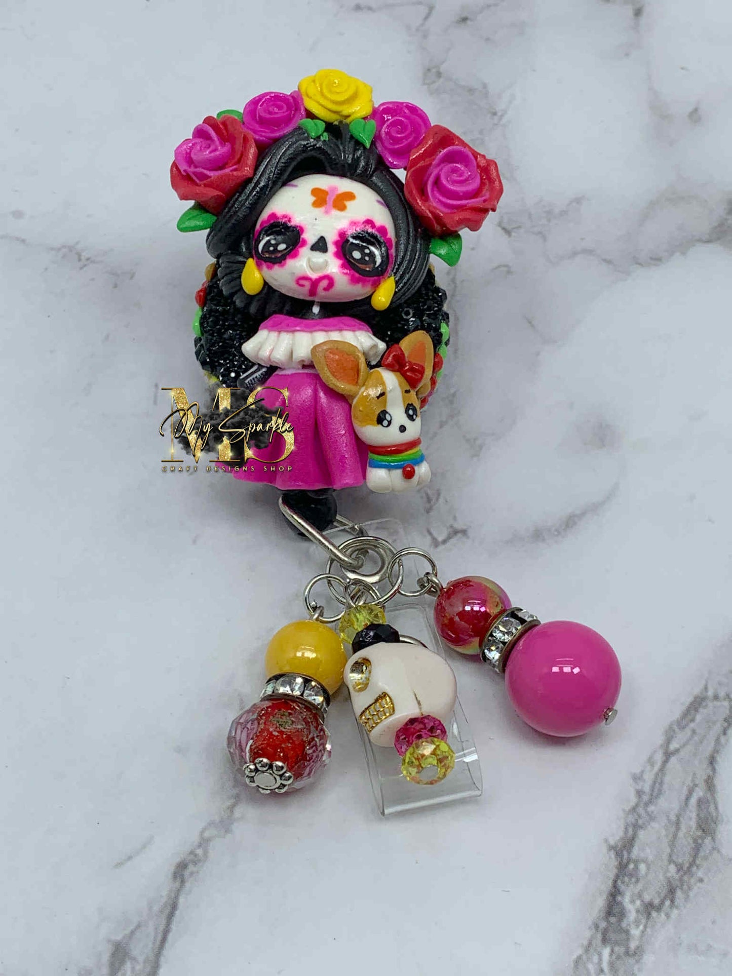 Dog Mom Skeleton Clay Badge Reel