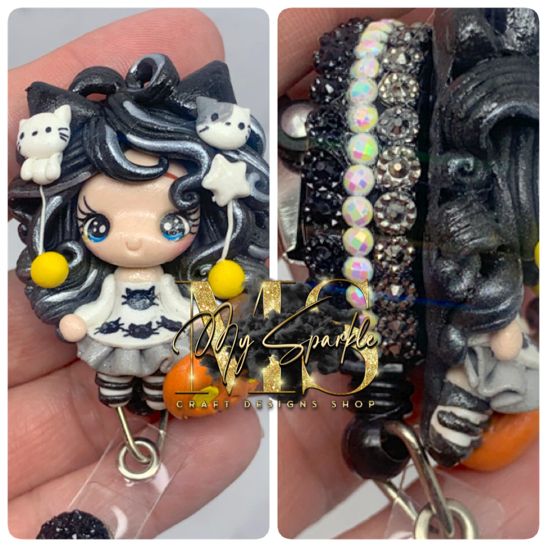 Halloween Spooky Girl With Cats Clay Badge Reel