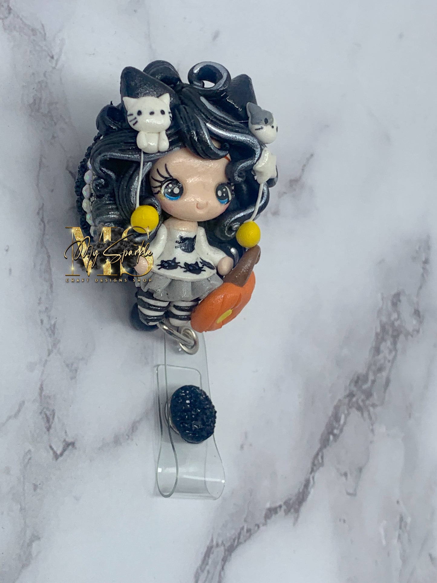 Halloween Spooky Girl With Cats Clay Badge Reel