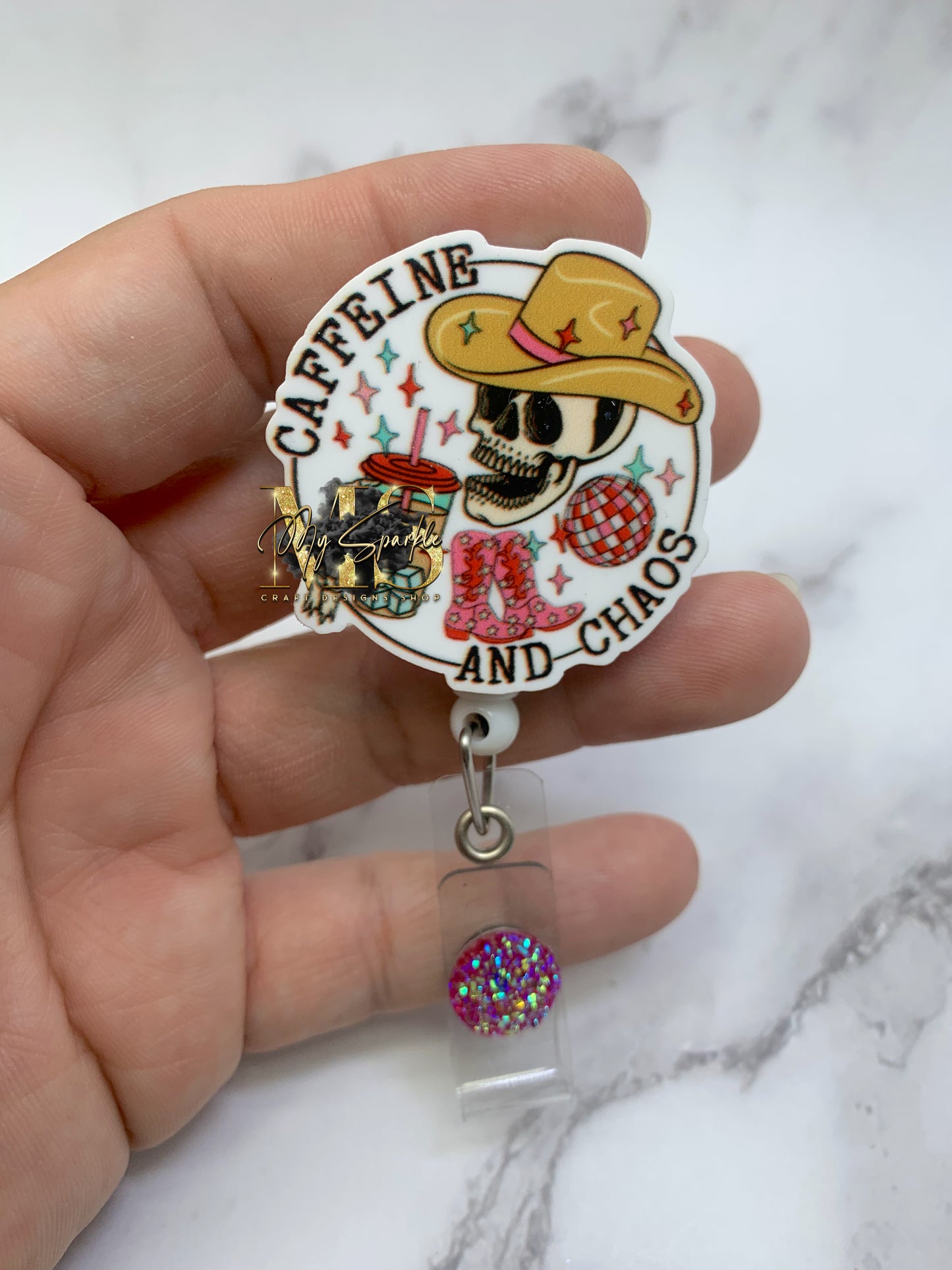 Funny Skeleton Caffeine And Chaos Badge Reel