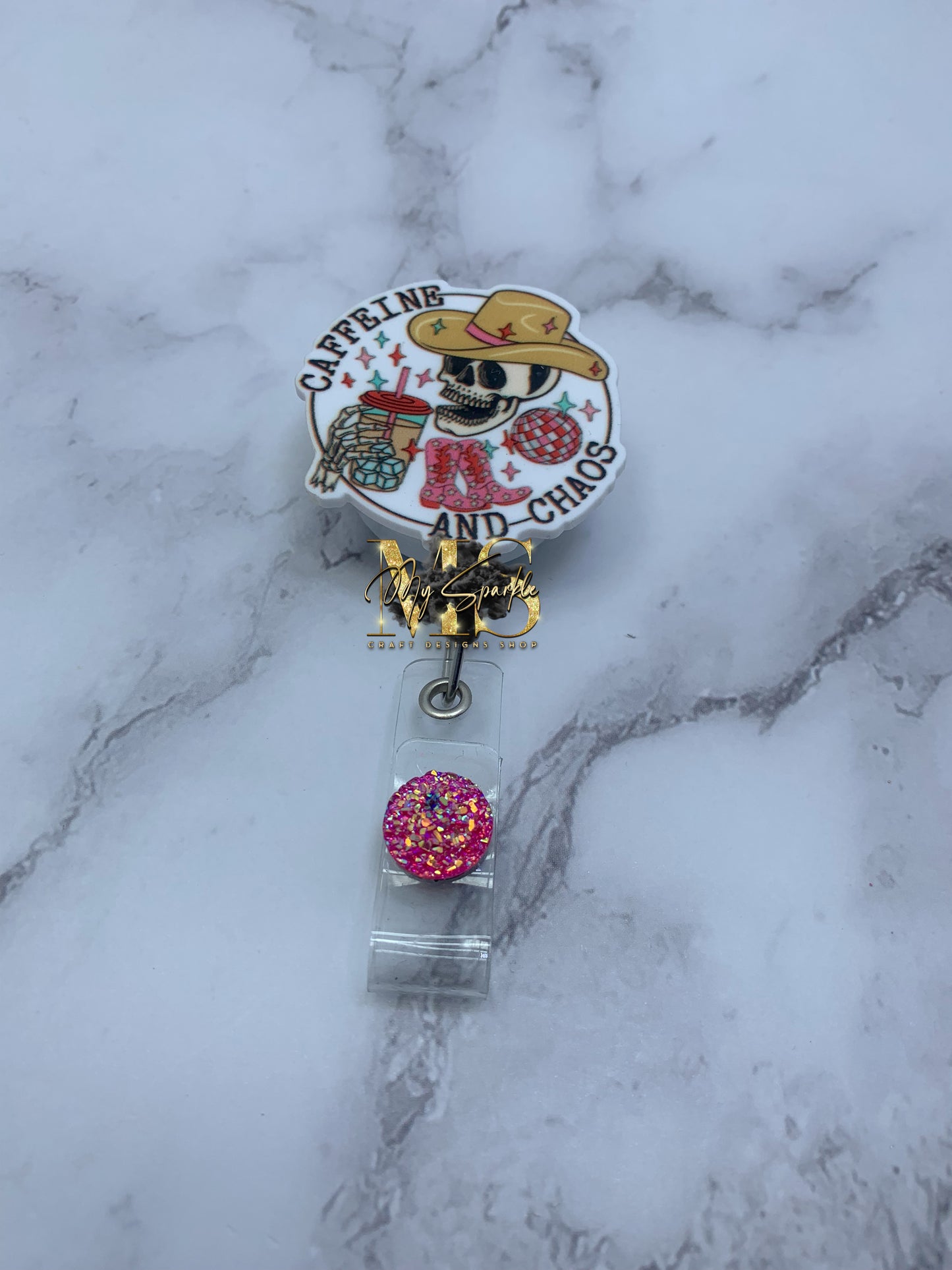 Funny Skeleton Caffeine And Chaos Badge Reel