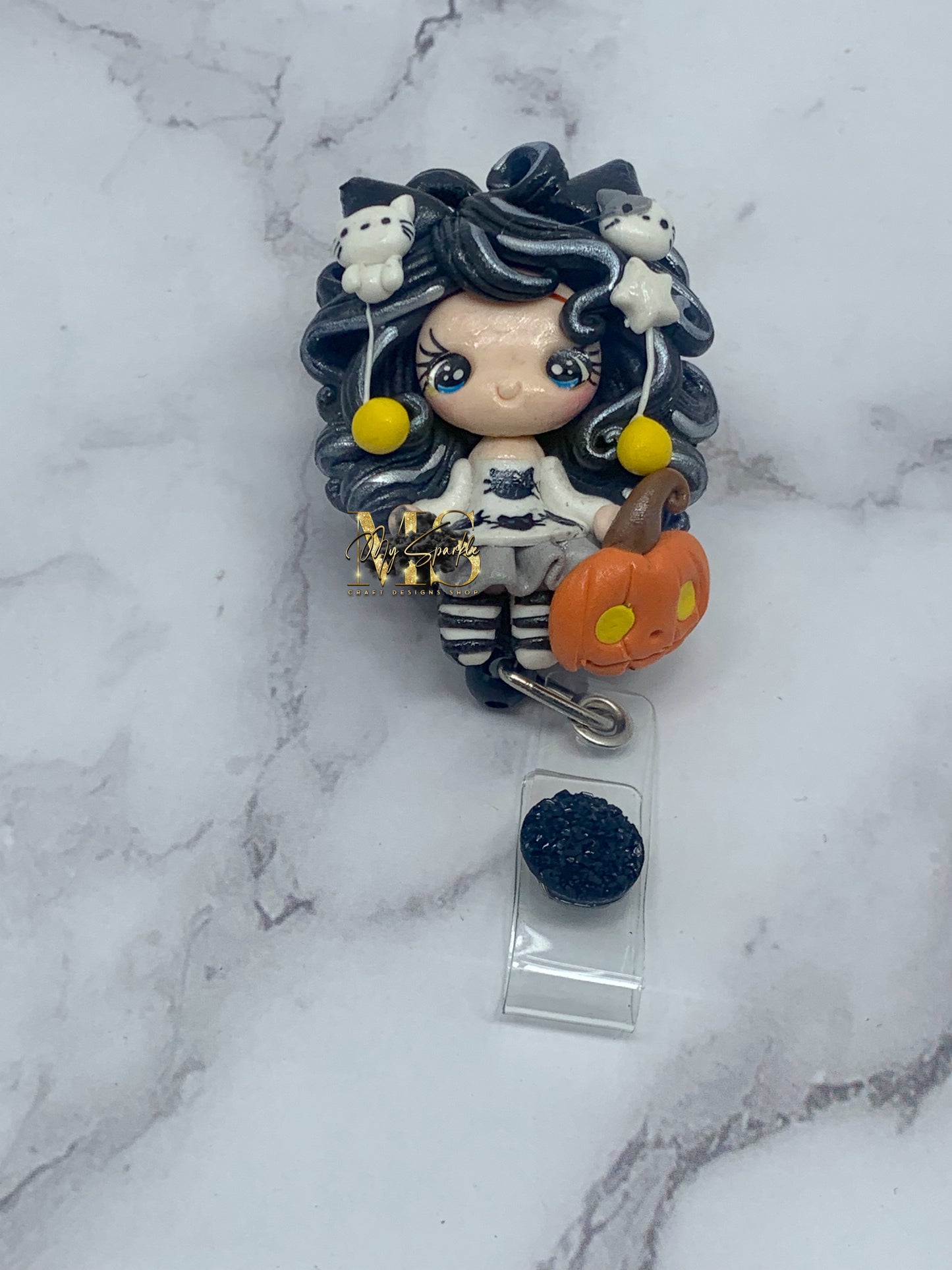 Halloween Spooky Girl With Cats Clay Badge Reel