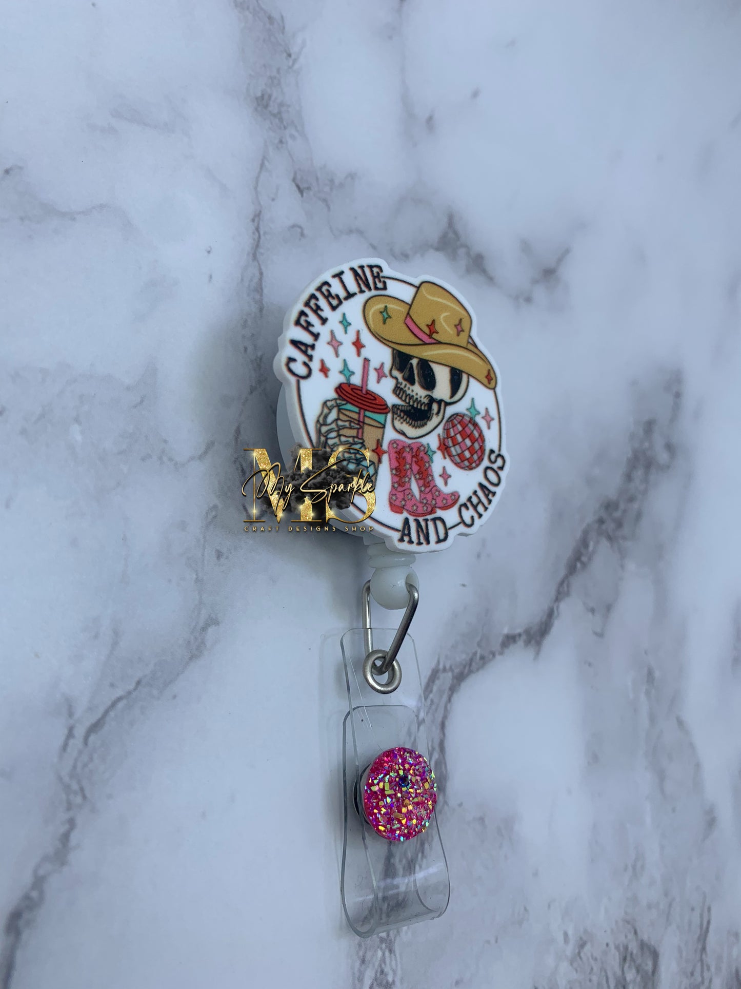 Funny Skeleton Caffeine And Chaos Badge Reel