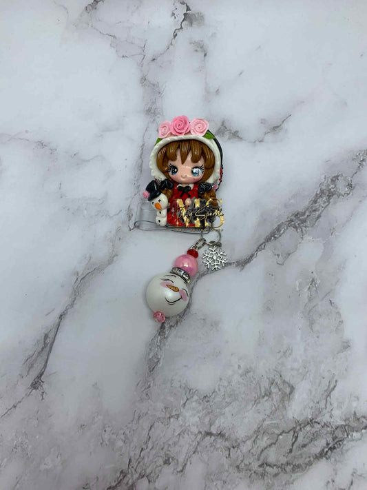 Victorian Girl Snowman Clay Badge Reel