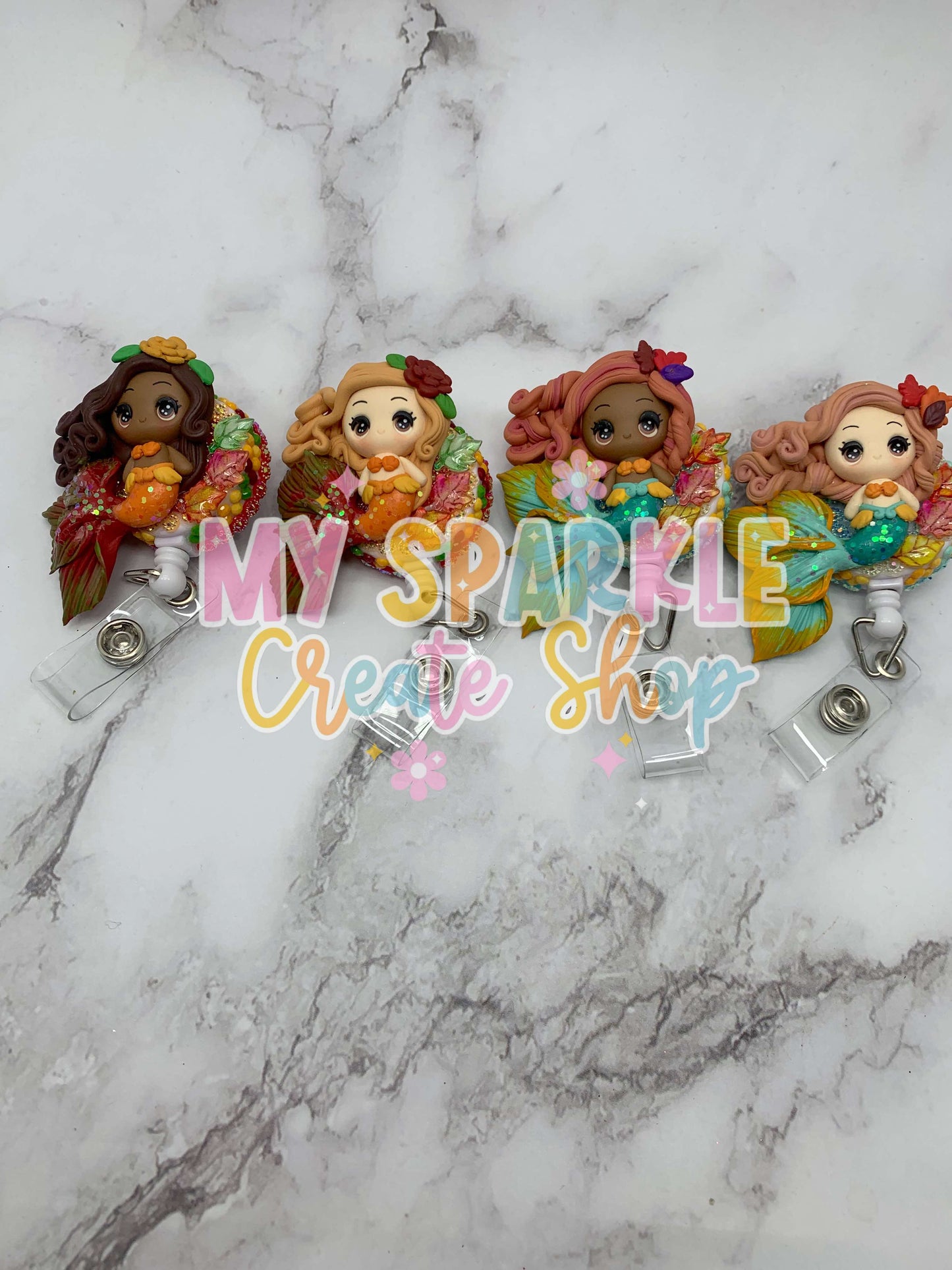 Fall Autumn Mermaid Girl Clay Badge Reel