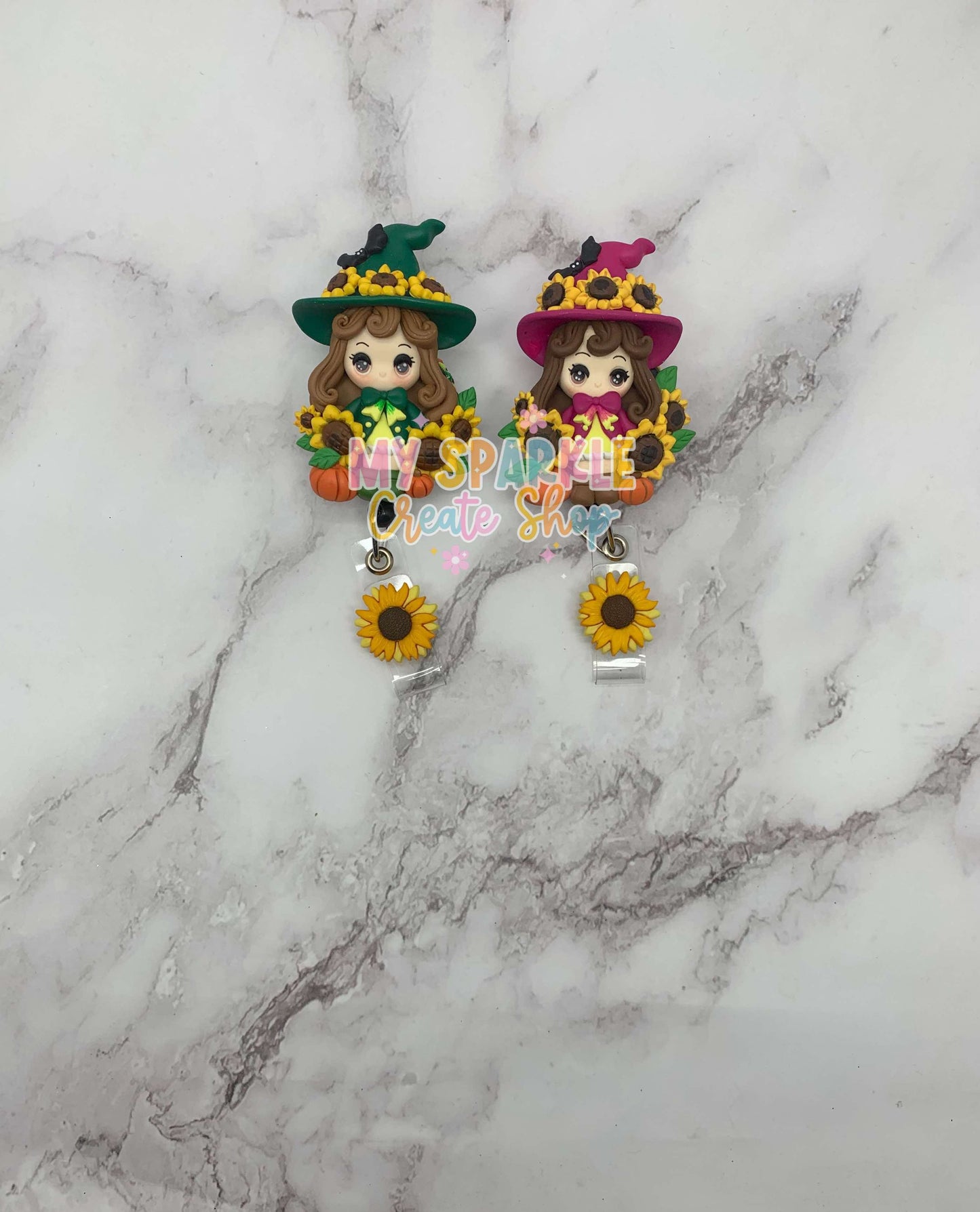 Sunflower Autumn Fall Witch Girl Clay Badge Reel