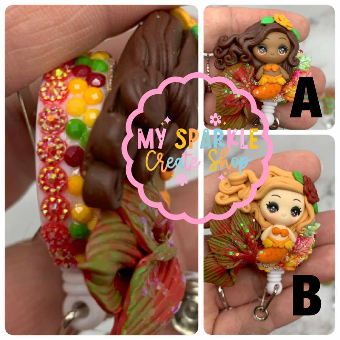 Fall Autumn Mermaid Girl Clay Badge Reel