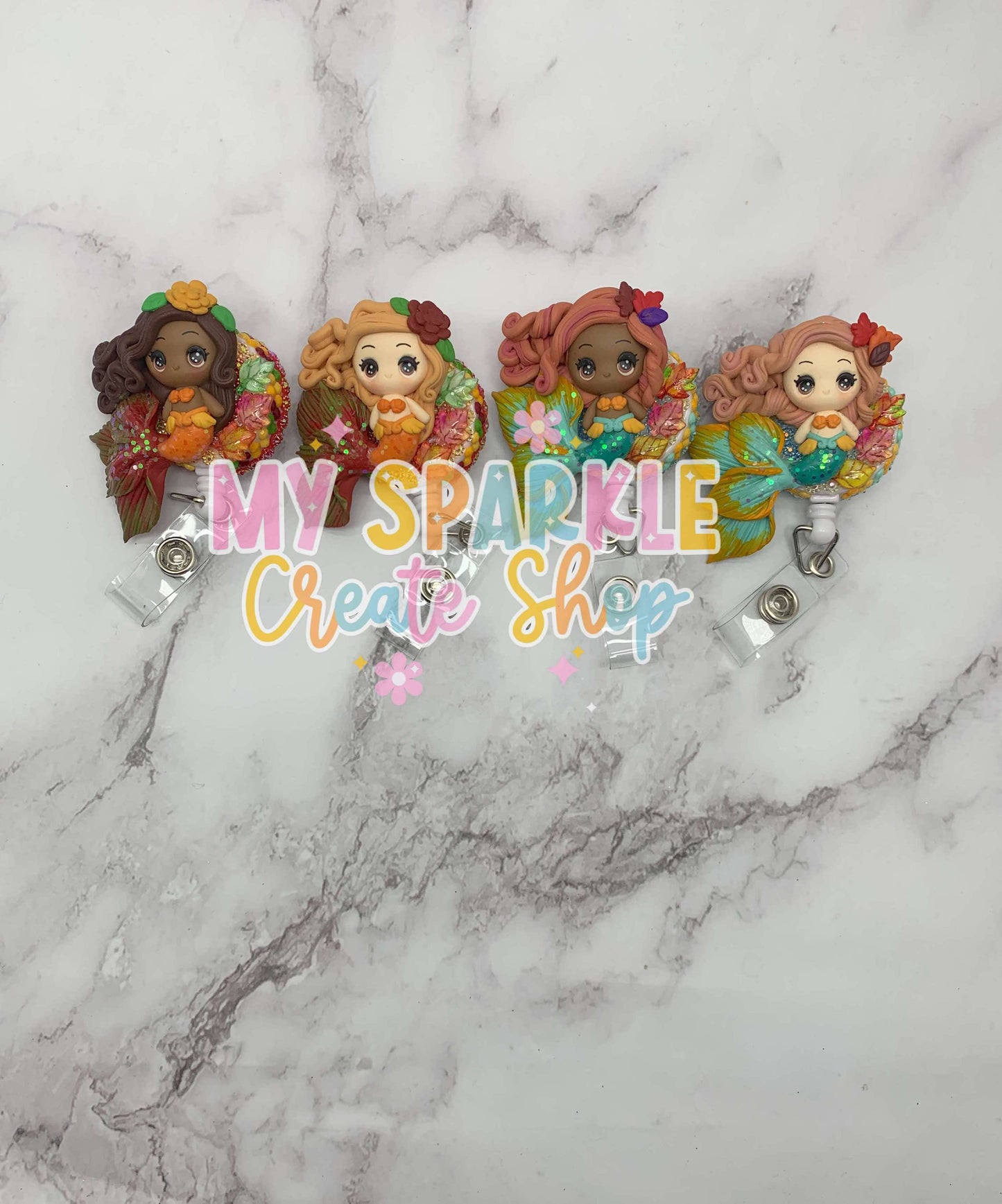 Fall Autumn Mermaid Girl Clay Badge Reel