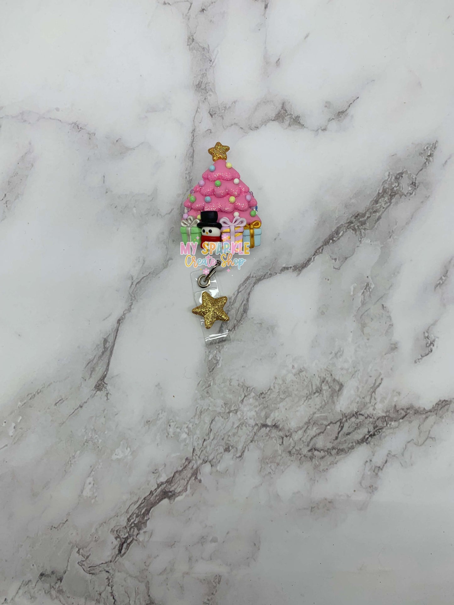 Pink Christmas Tree Clay Badge Reel