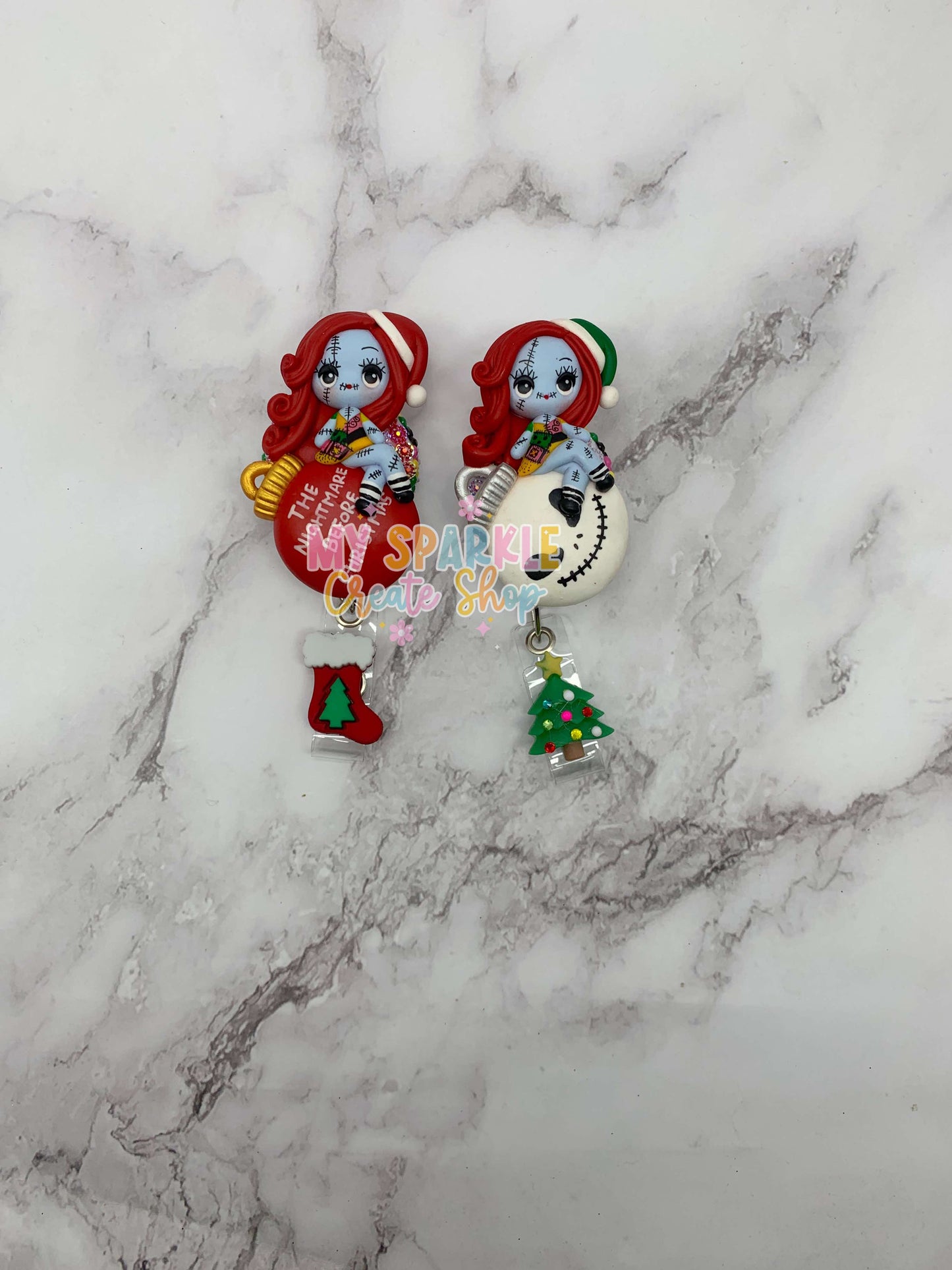 Christmas Sally Skeleton Nightmare Clay Badge Reel