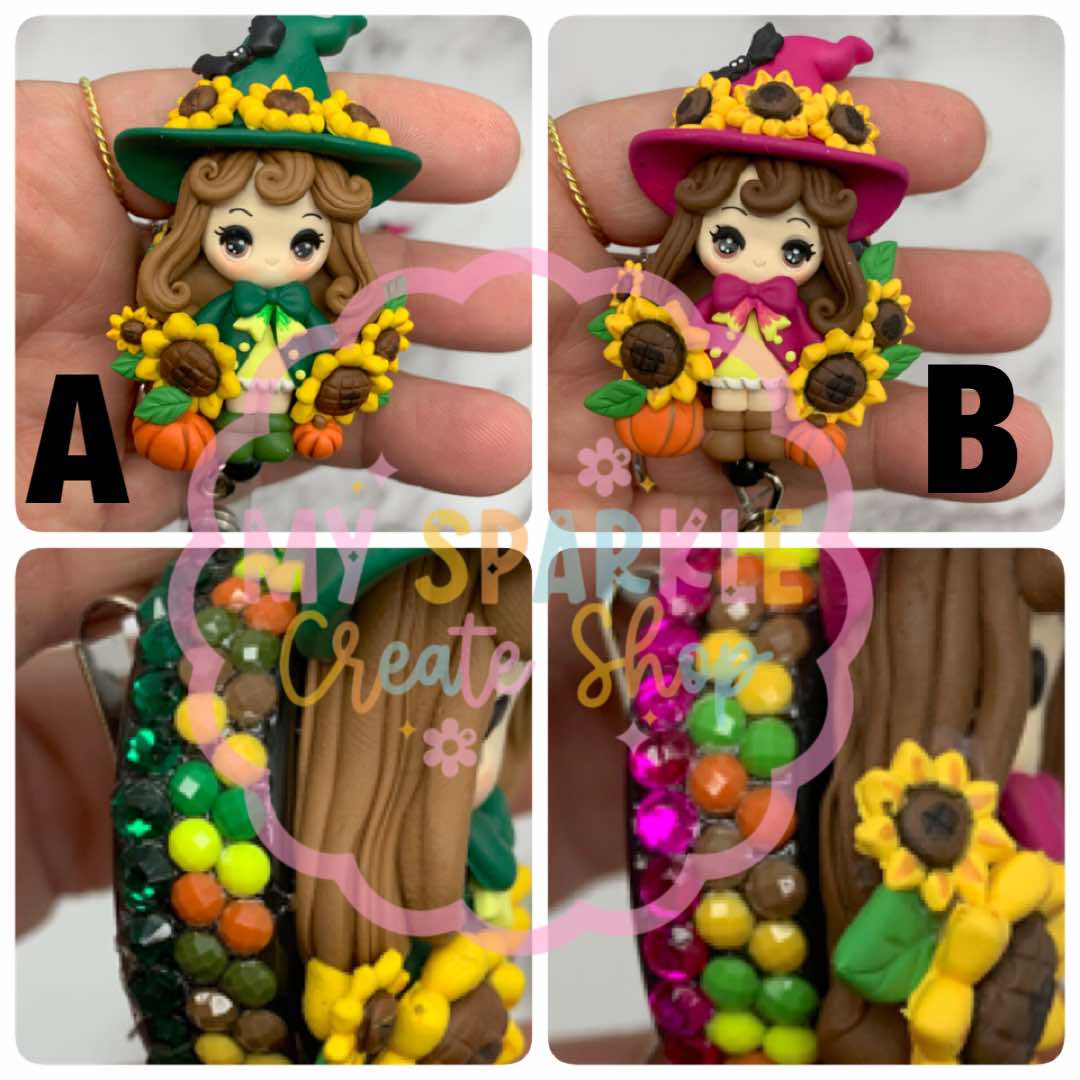 Sunflower Autumn Fall Witch Girl Clay Badge Reel