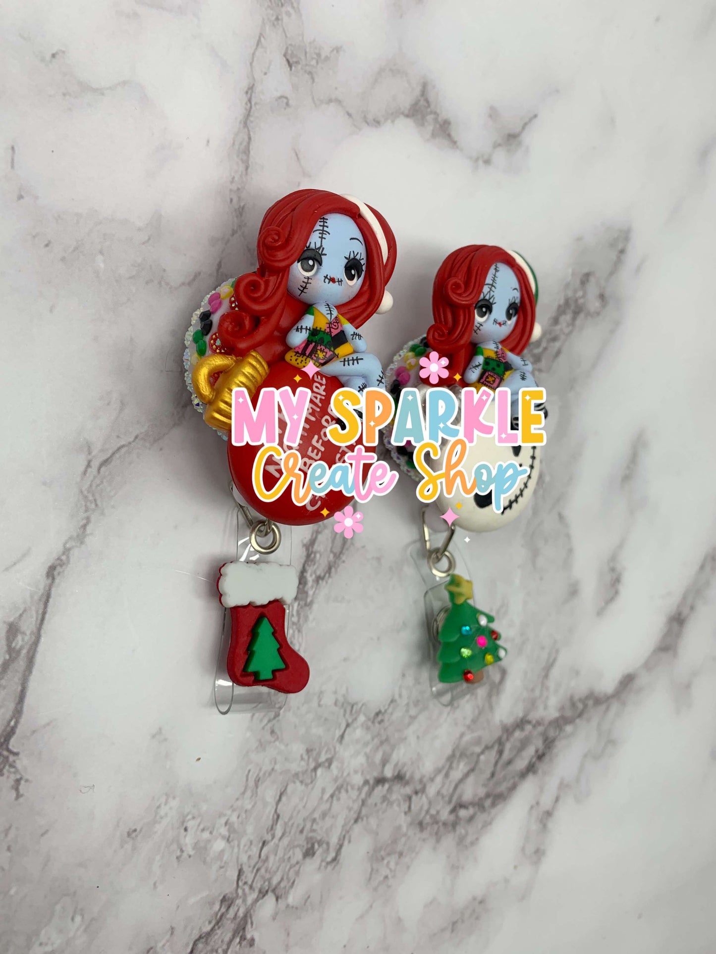 Christmas Sally Skeleton Nightmare Clay Badge Reel