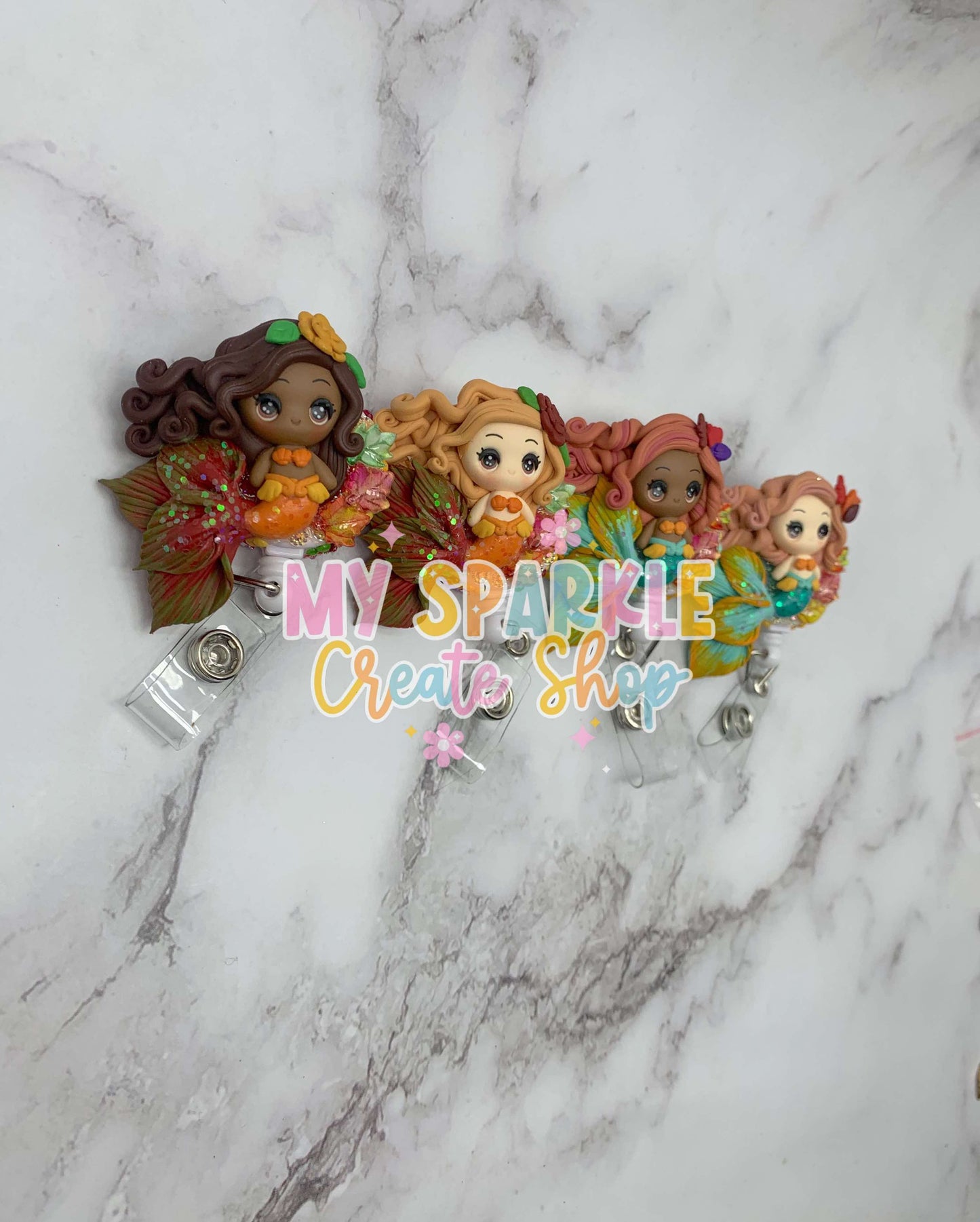 Fall Autumn Mermaid Girl Clay Badge Reel