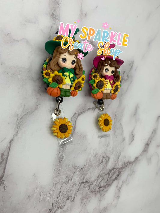 Sunflower Autumn Fall Witch Girl Clay Badge Reel