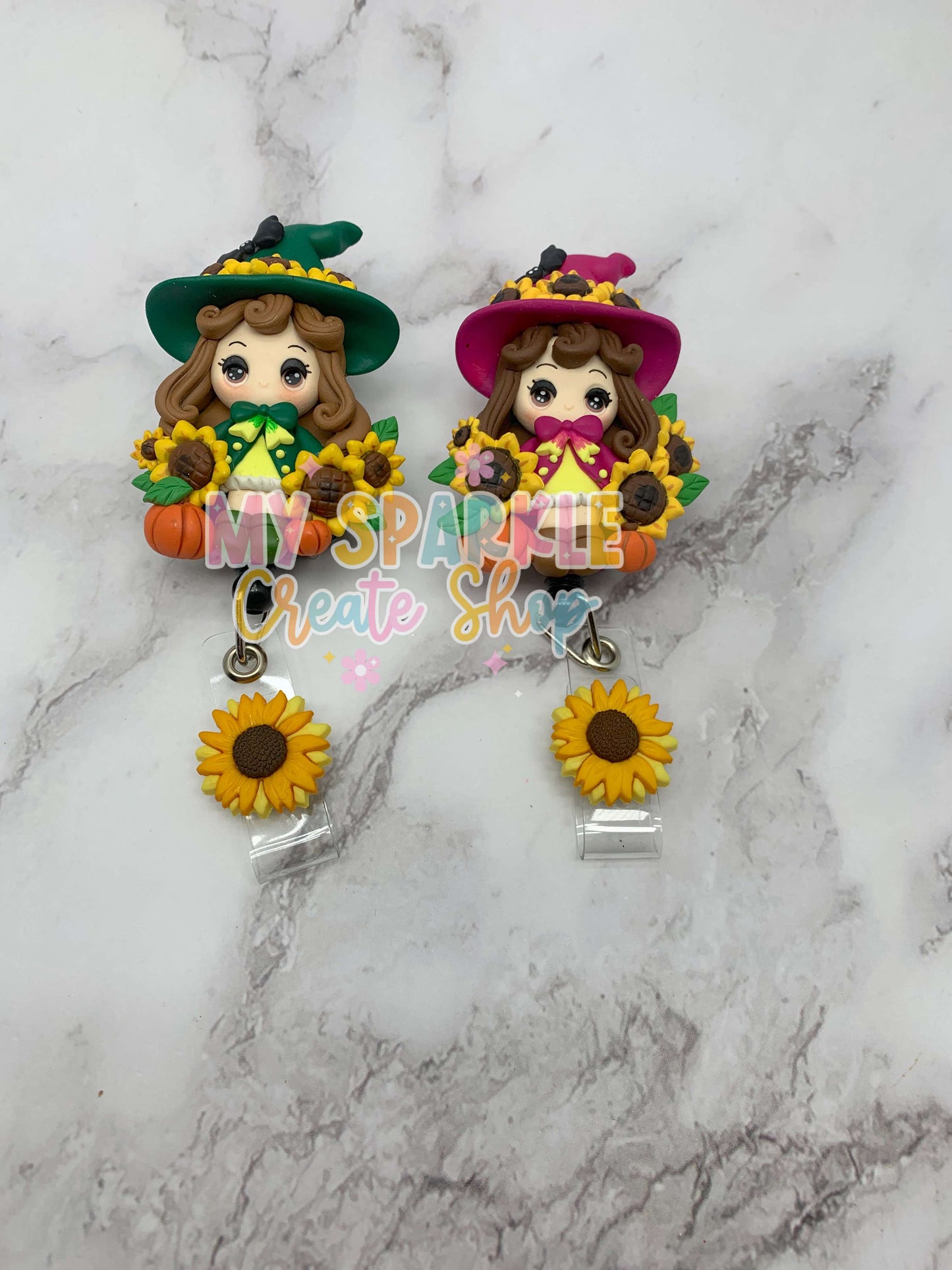 Sunflower Autumn Fall Witch Girl Clay Badge Reel