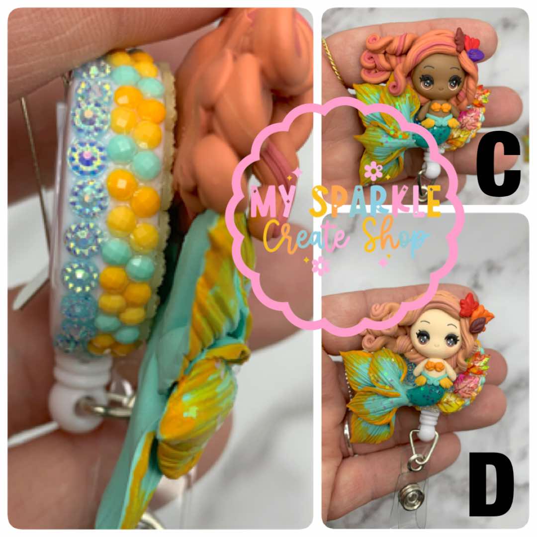 Fall Autumn Mermaid Girl Clay Badge Reel