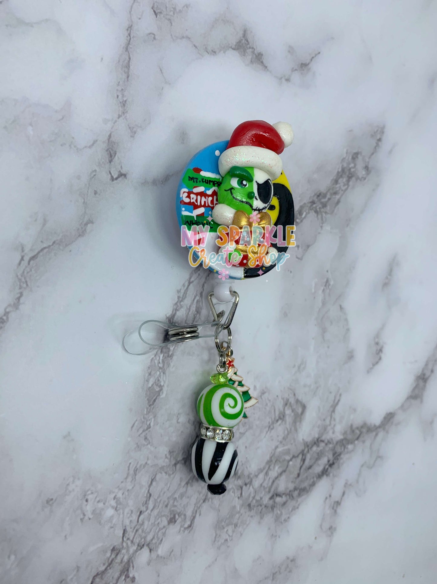 Chrsitmas Grumpy & Skeleton Jack Clay Badge Reel