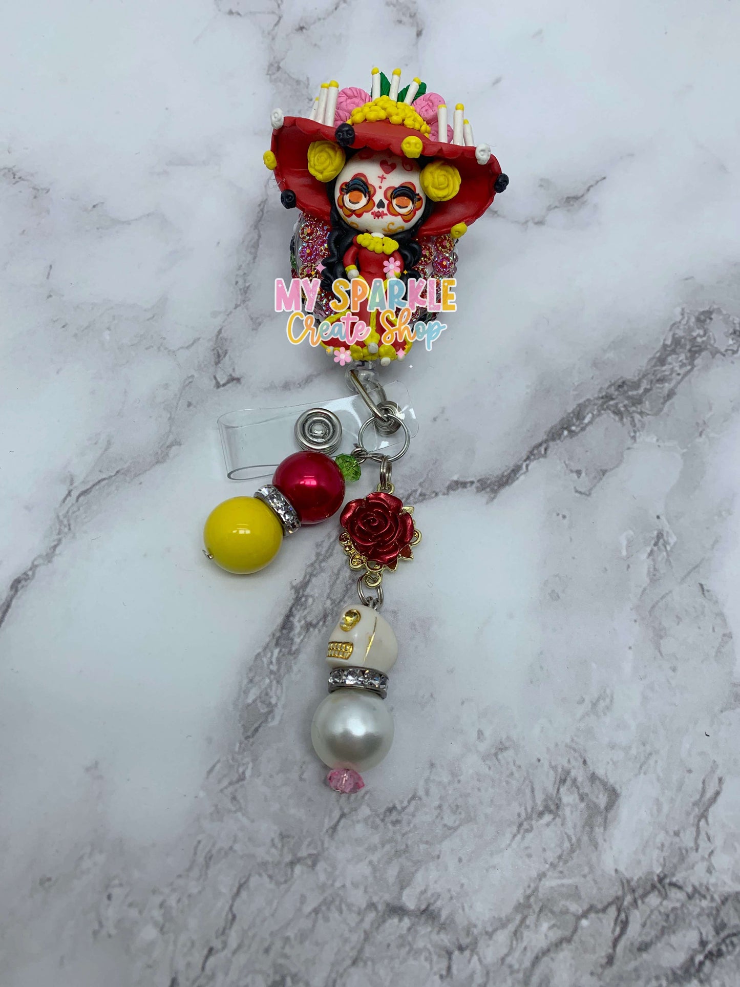 Sugar Skull Dia De Los Muertos Clay Badge Reel
