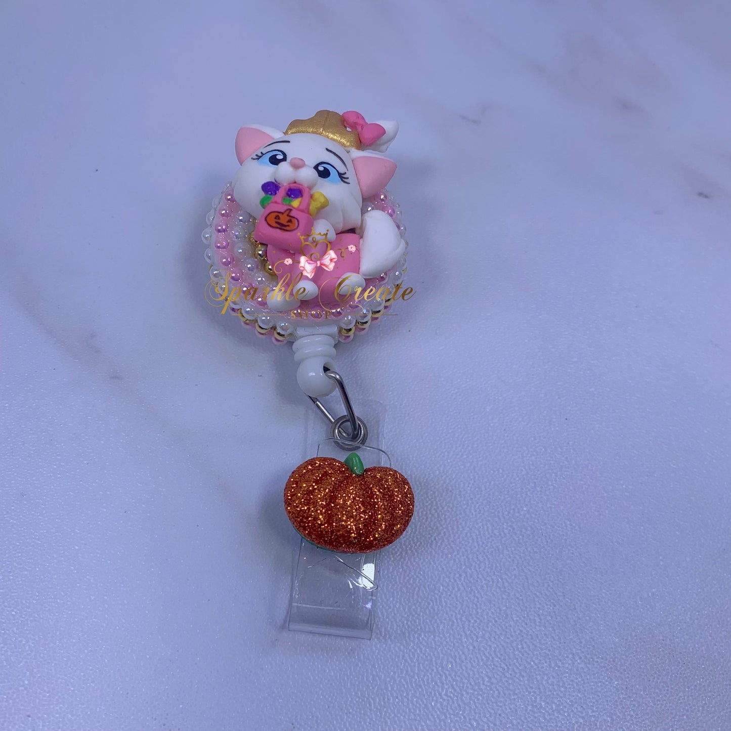 Halloween White Kitty Clay Badge Reel