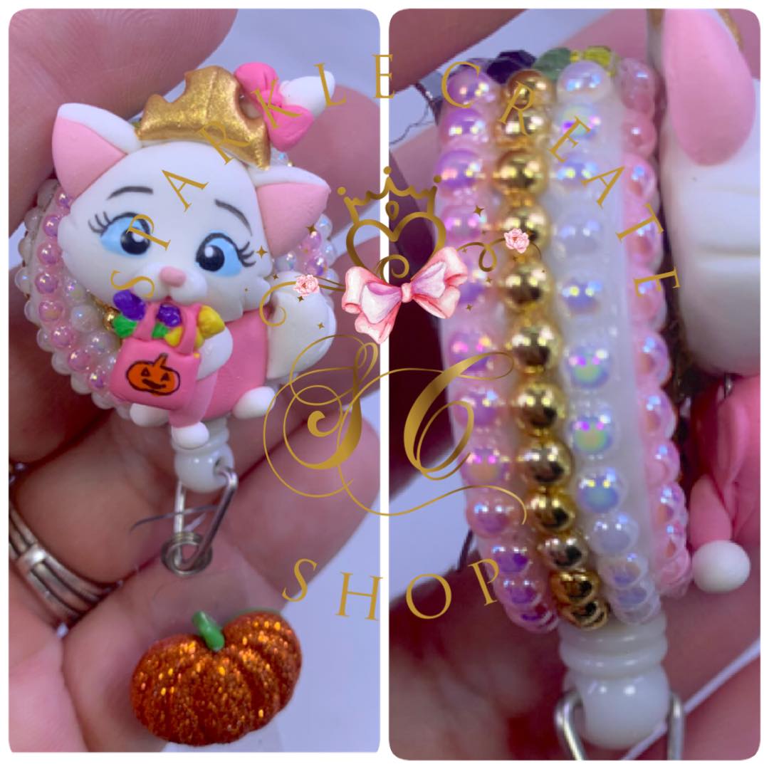 Halloween White Kitty Clay Badge Reel