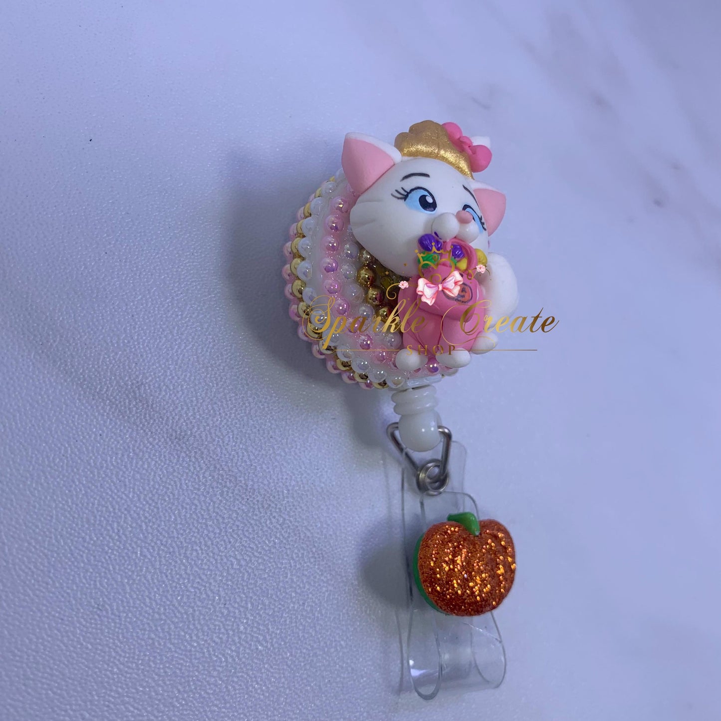 Halloween White Kitty Clay Badge Reel