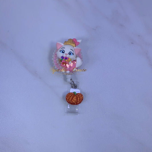 Halloween White Kitty Clay Badge Reel