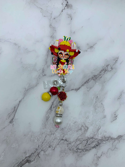 Sugar Skull Dia De Los Muertos Clay Badge Reel
