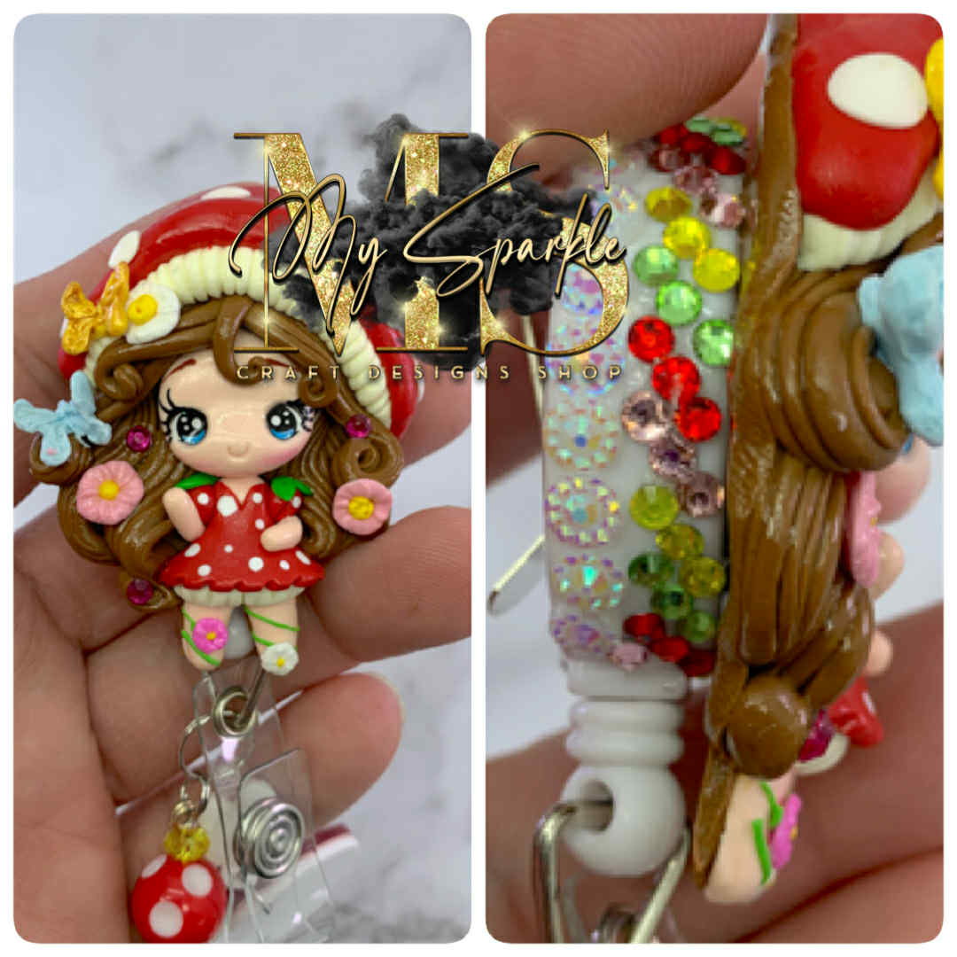 Cute Mushroom Girl Clay Badge Reel