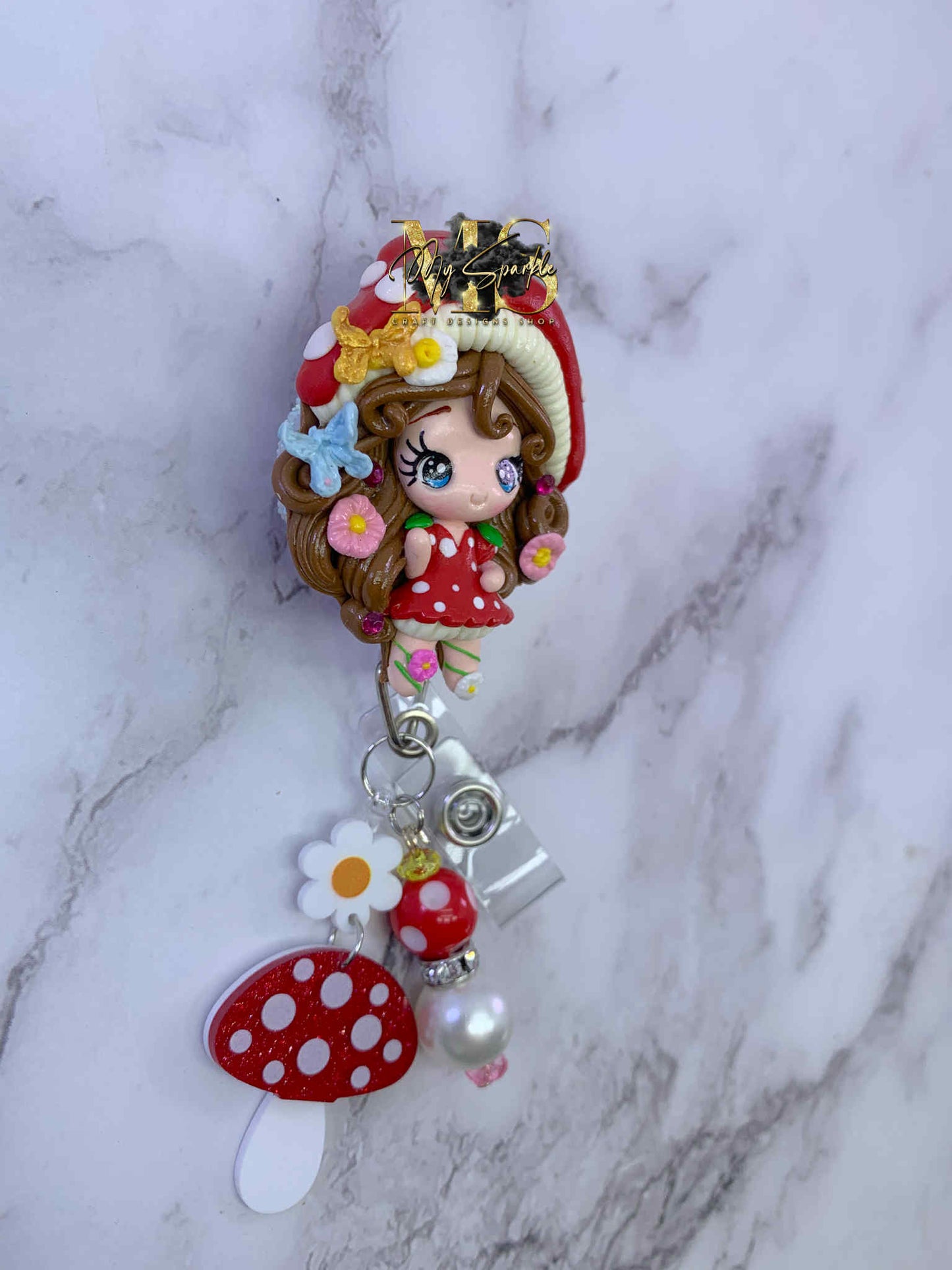 Cute Mushroom Girl Clay Badge Reel