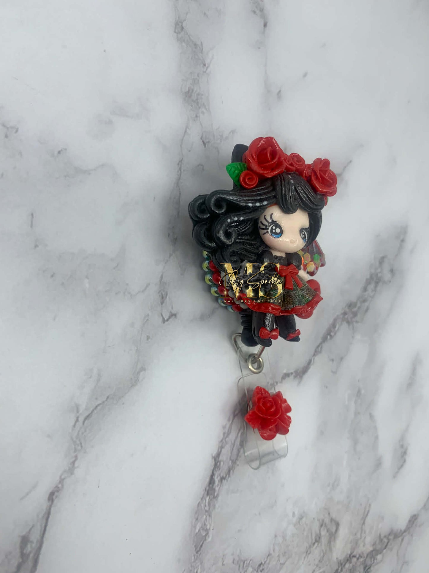 Girl Bat Wings Gothic Victorian Clay Badge Reel