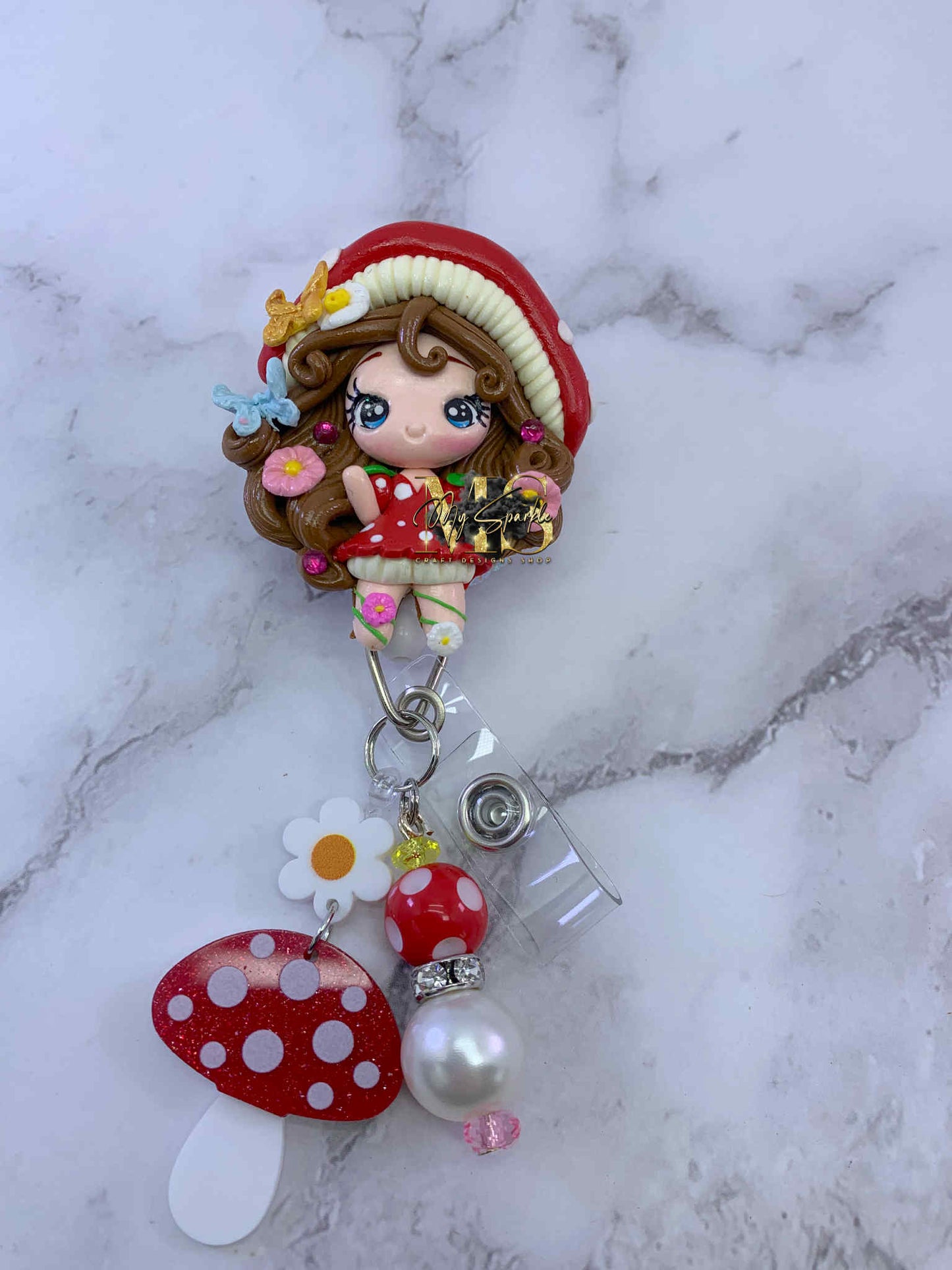 Cute Mushroom Girl Clay Badge Reel