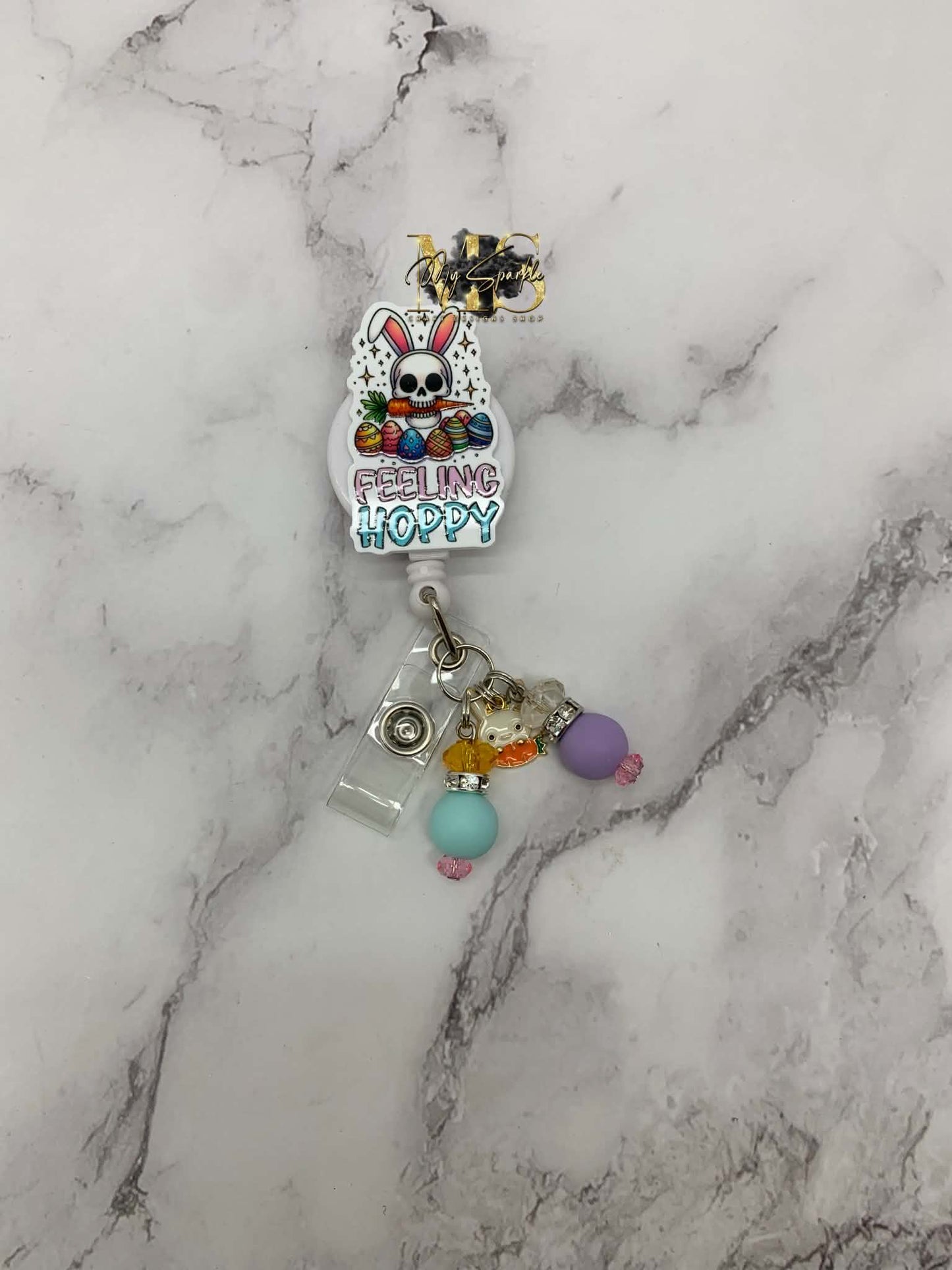 Skeleton Easter Bunny Feeling Hoppy Badge Reel