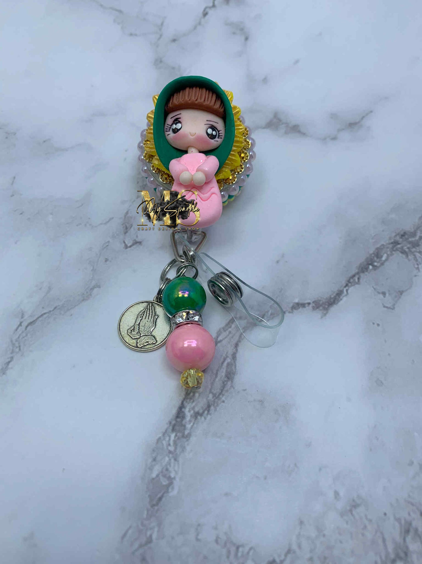 Catholic Virgen Clay Badge Reel