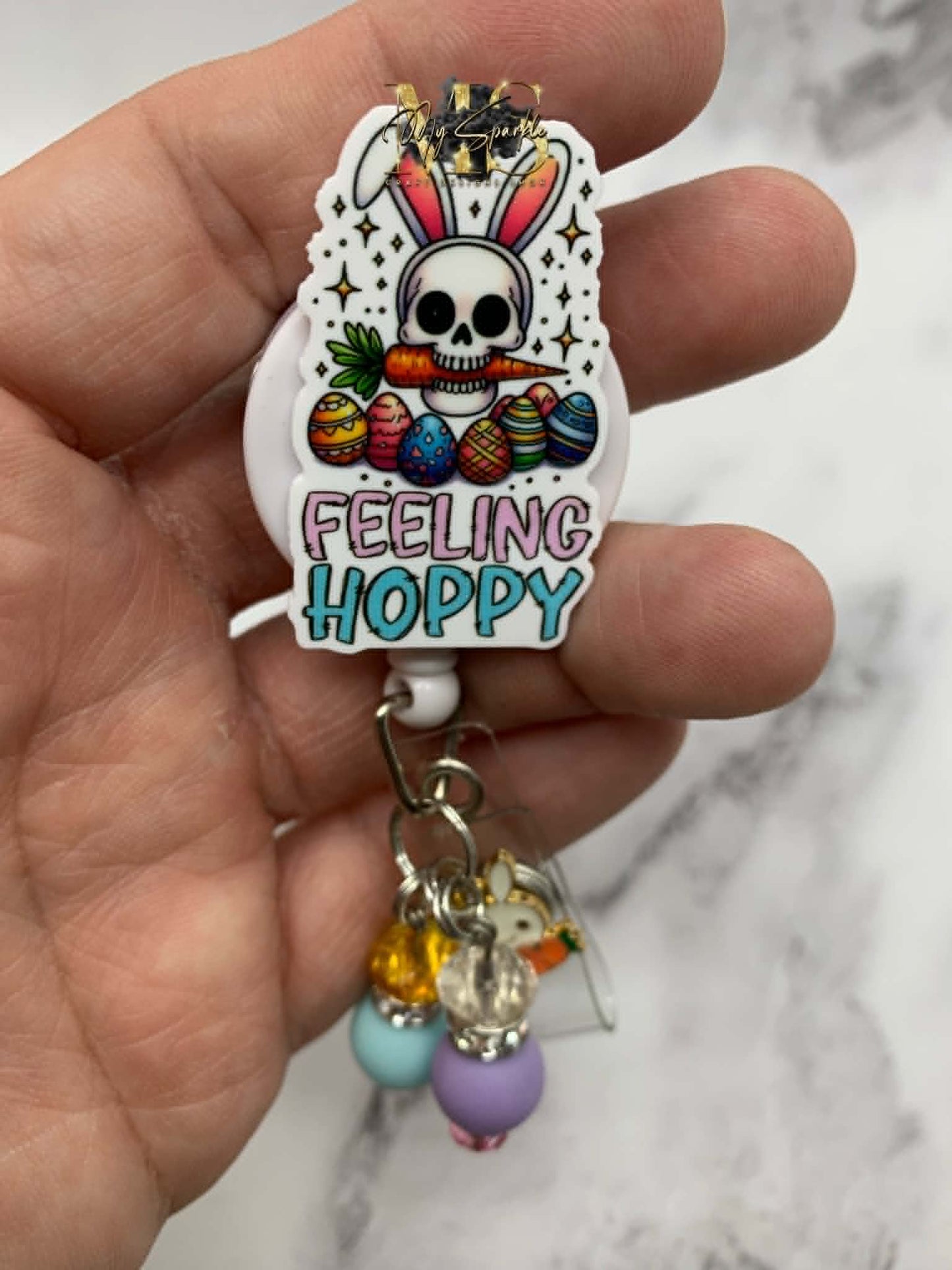 Skeleton Easter Bunny Feeling Hoppy Badge Reel