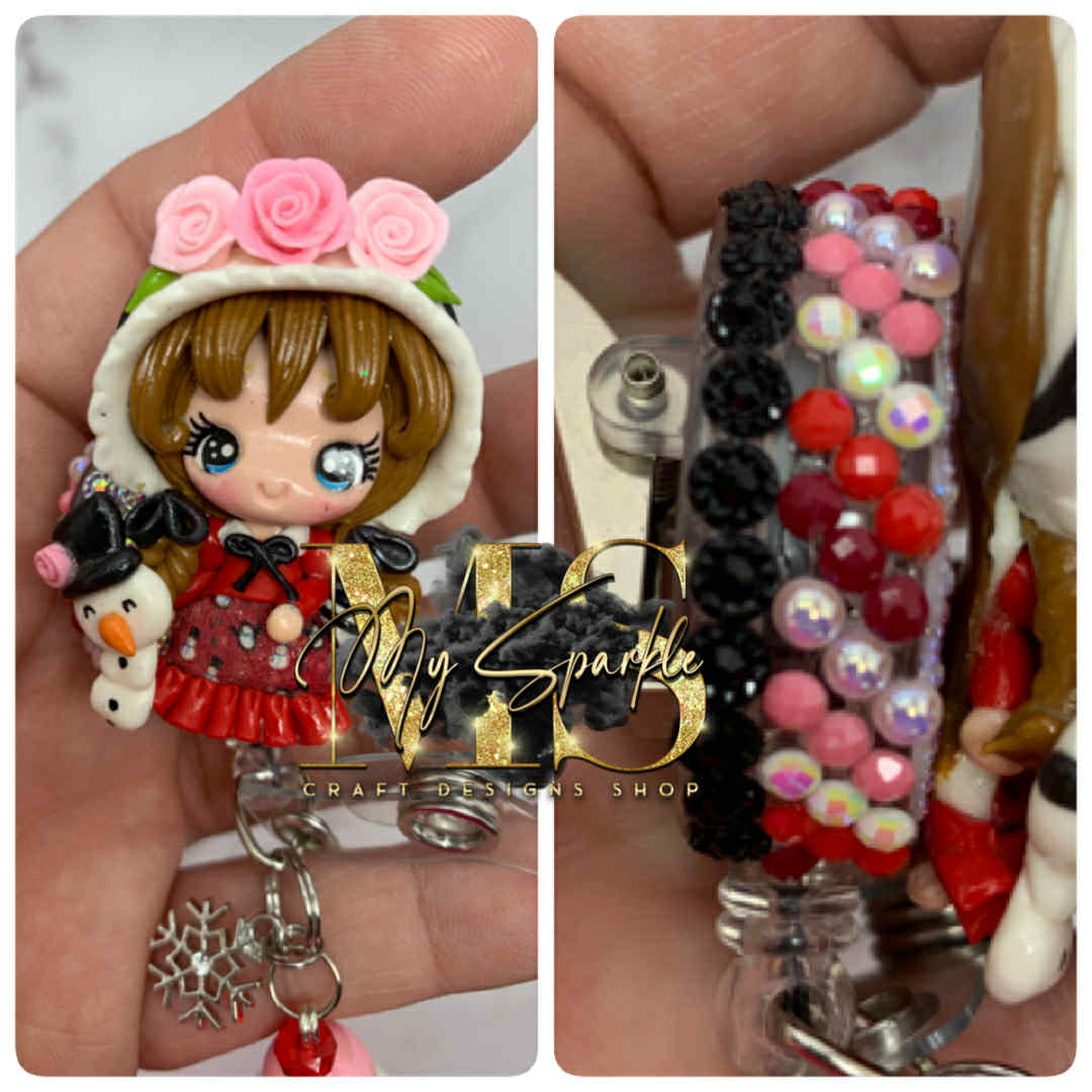 Victorian Girl Snowman Clay Badge Reel