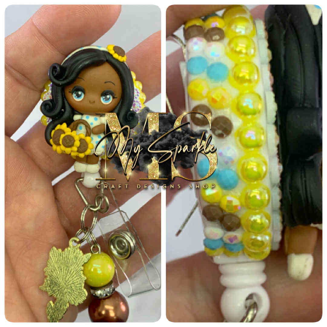 Daisy Girl Flower Clay Badge Reel