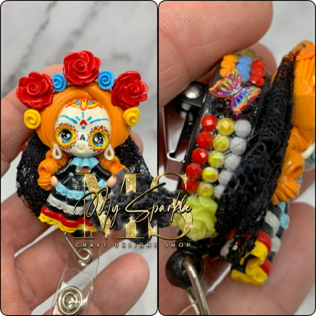 Day of the Dead Sugar Skull Retractable Badge Reel
