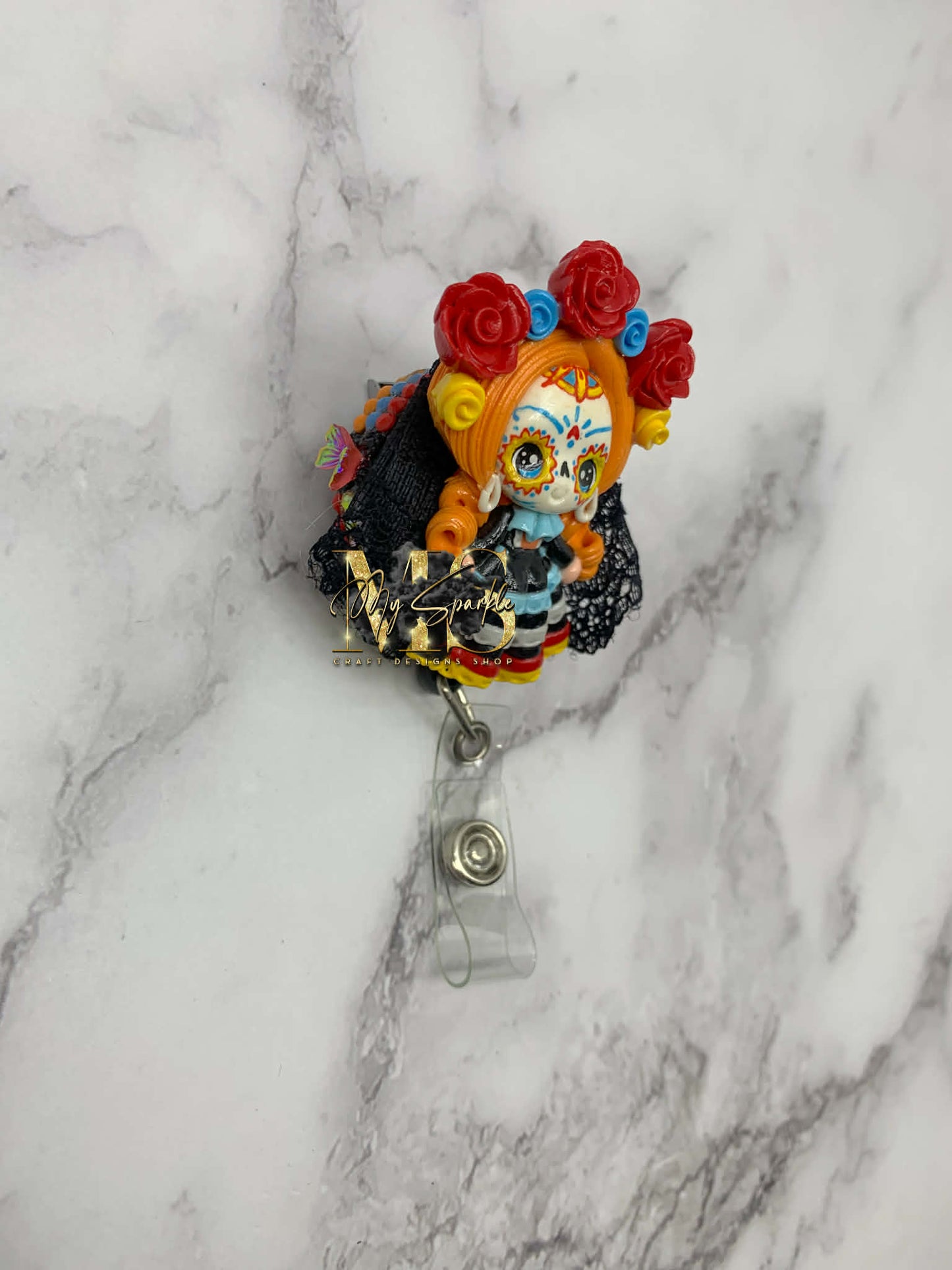 Day of the Dead Sugar Skull Retractable Badge Reel