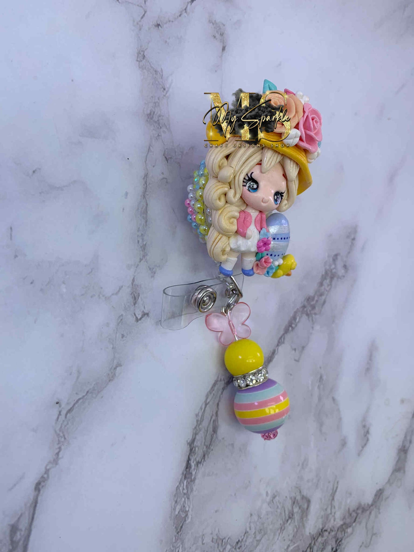 Easter Cute Girl Egg Clay Badge Reel