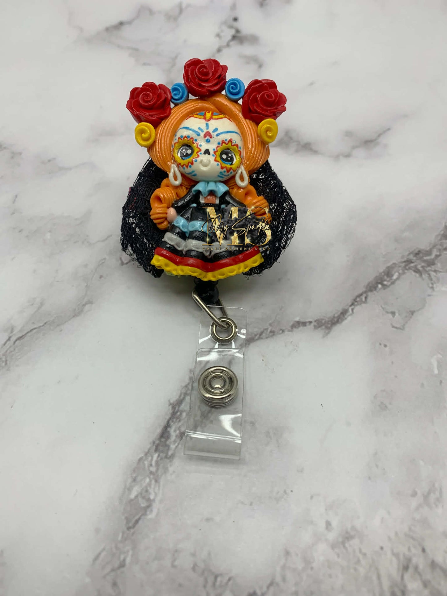 Day of the Dead Sugar Skull Retractable Badge Reel