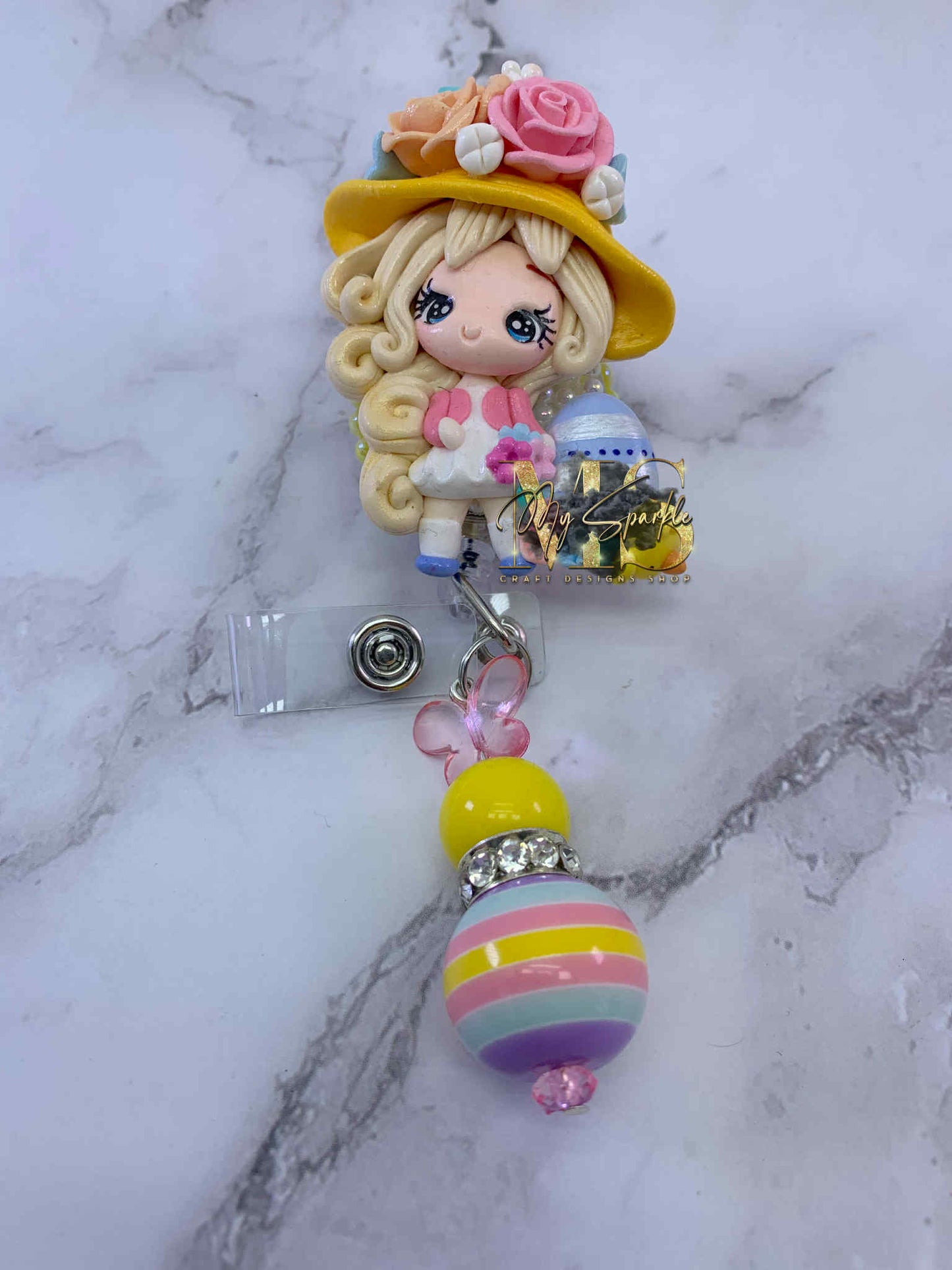 Easter Cute Girl Egg Clay Badge Reel